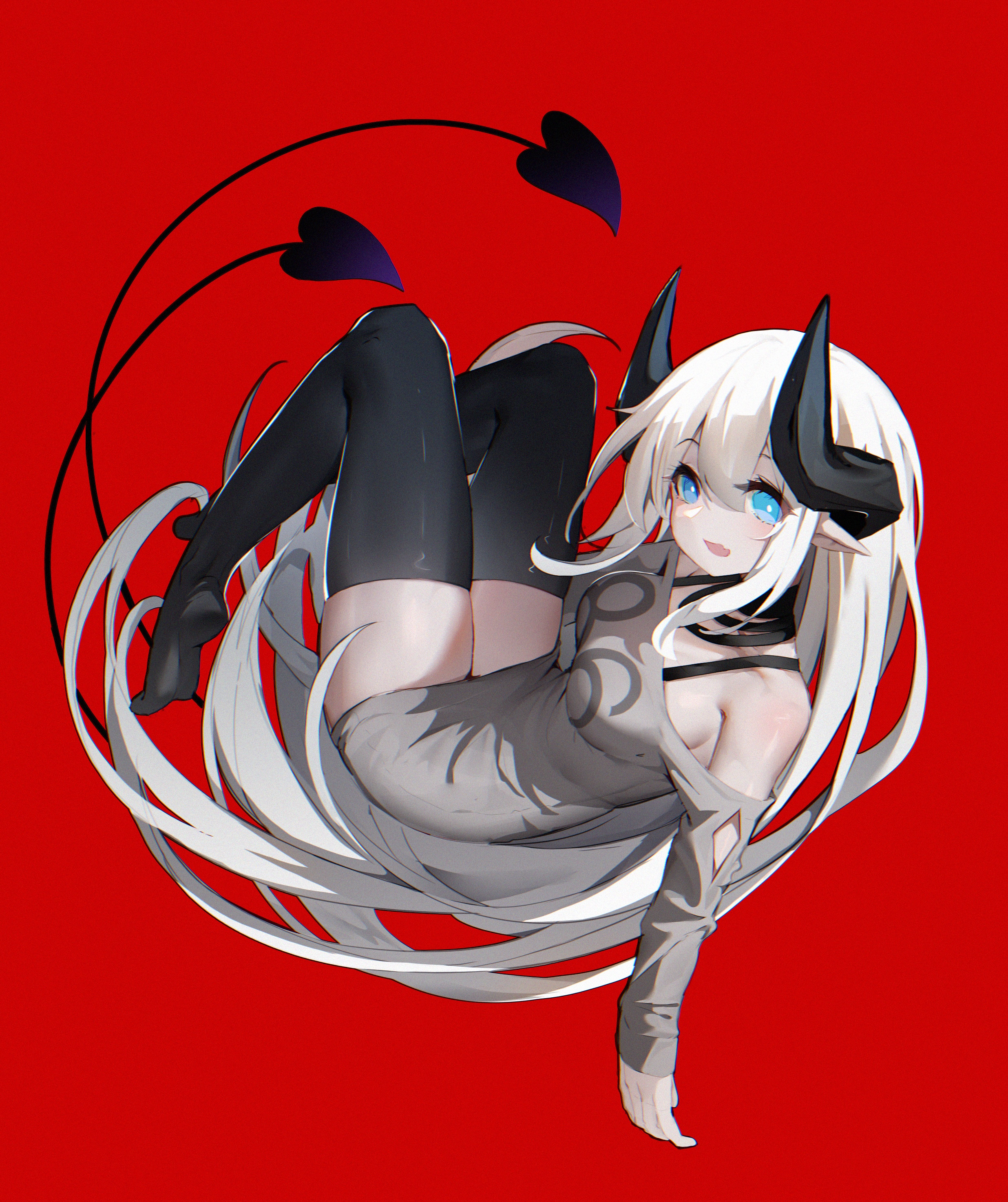 Demon girl with white hair and horns on red background HD Phone Wallpaper