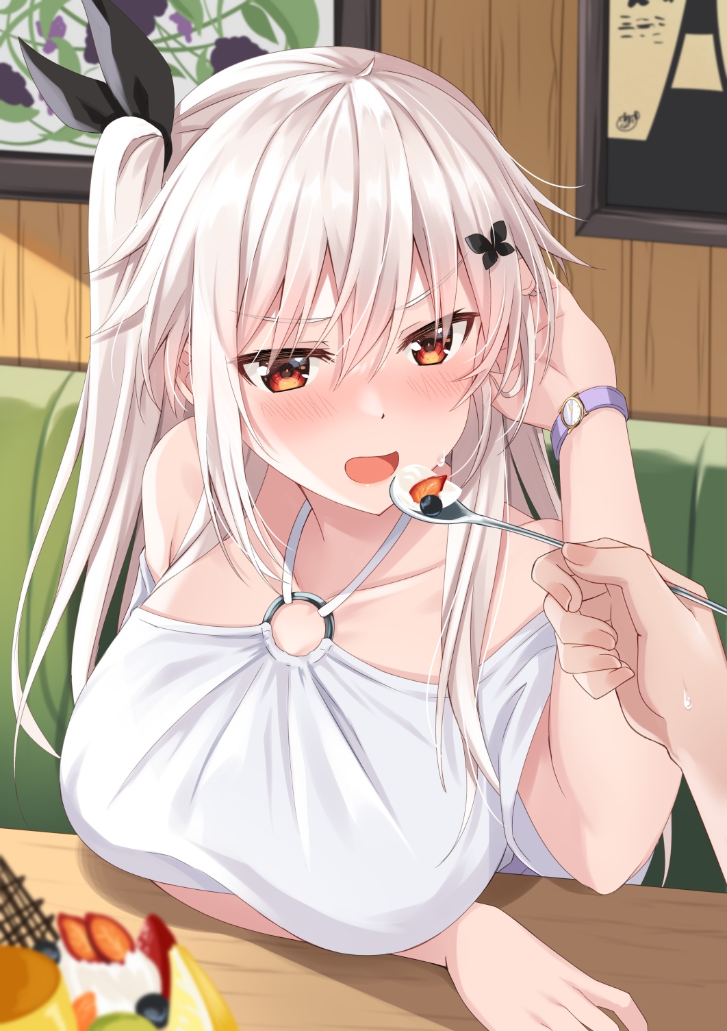 Anime girl with white hair being fed dessert HD Phone Wallpaper