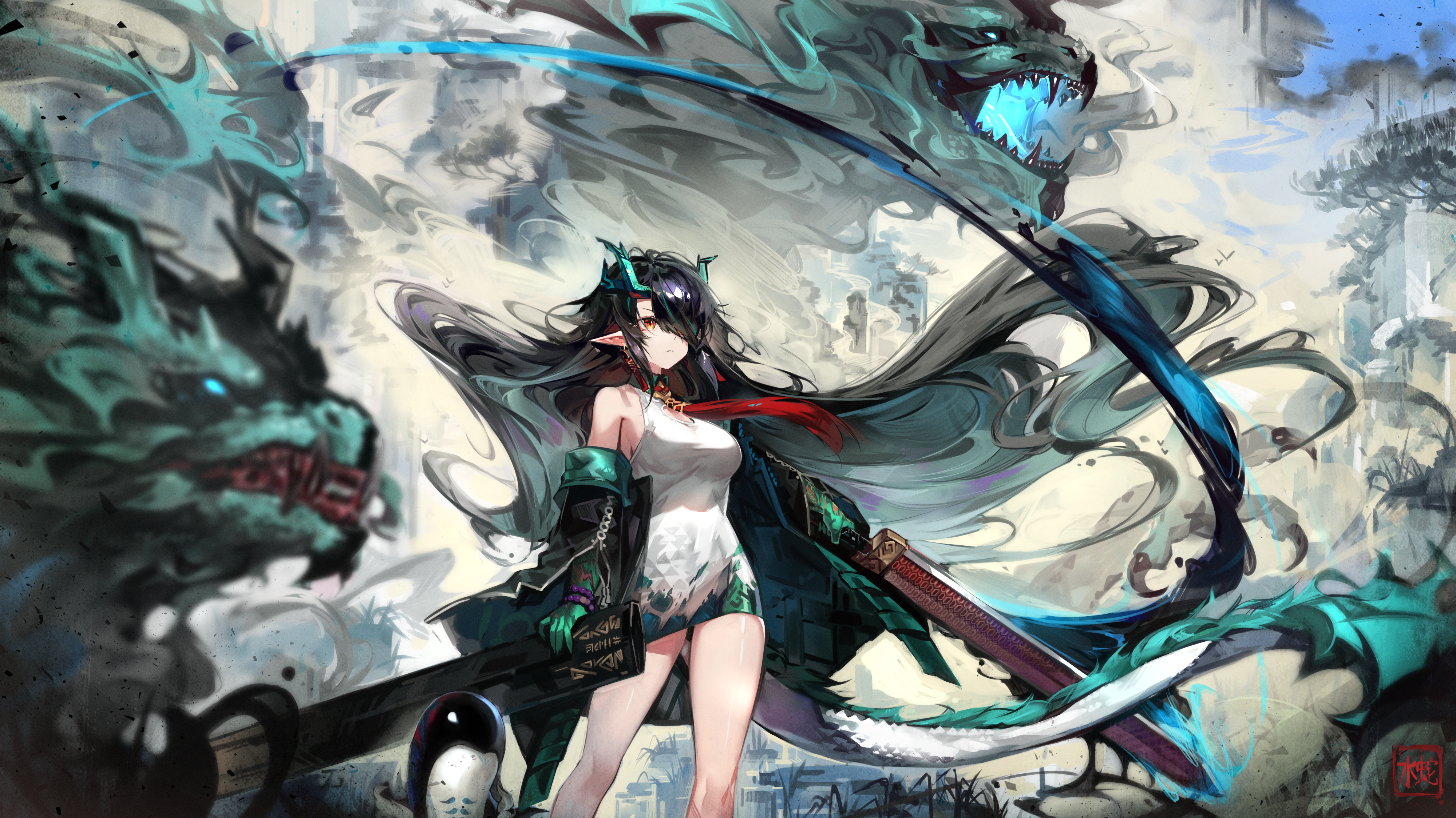 4K Arknights Dragon Girl with Scythe and Dragons HD Wallpaper
