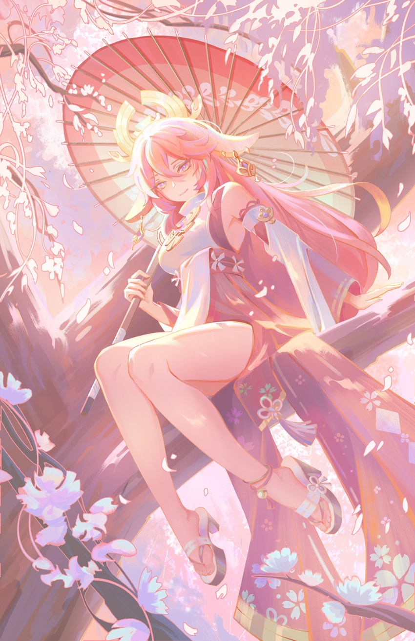 Yae Miko with umbrella under cherry blossoms HD Phone Wallpaper