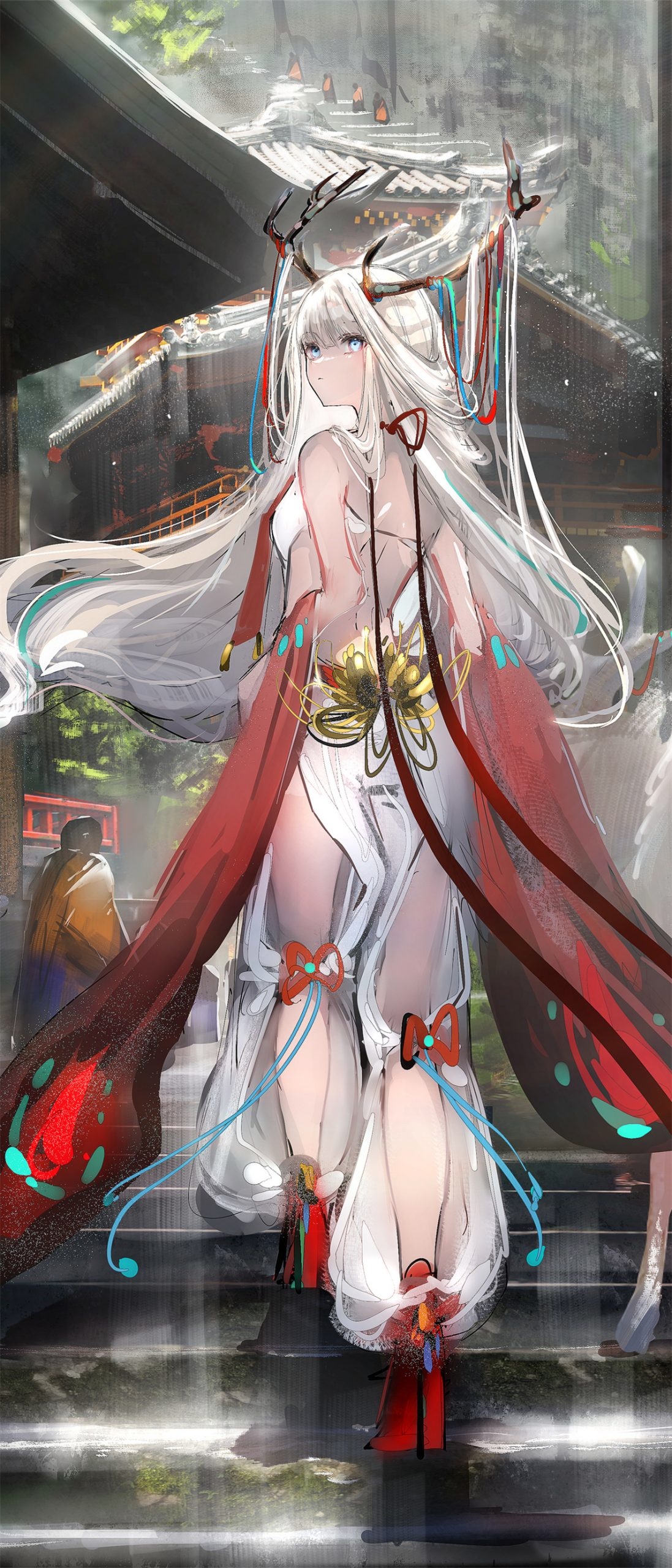 Arknights character with white hair and antlers on stairs HD Phone Wallpaper
