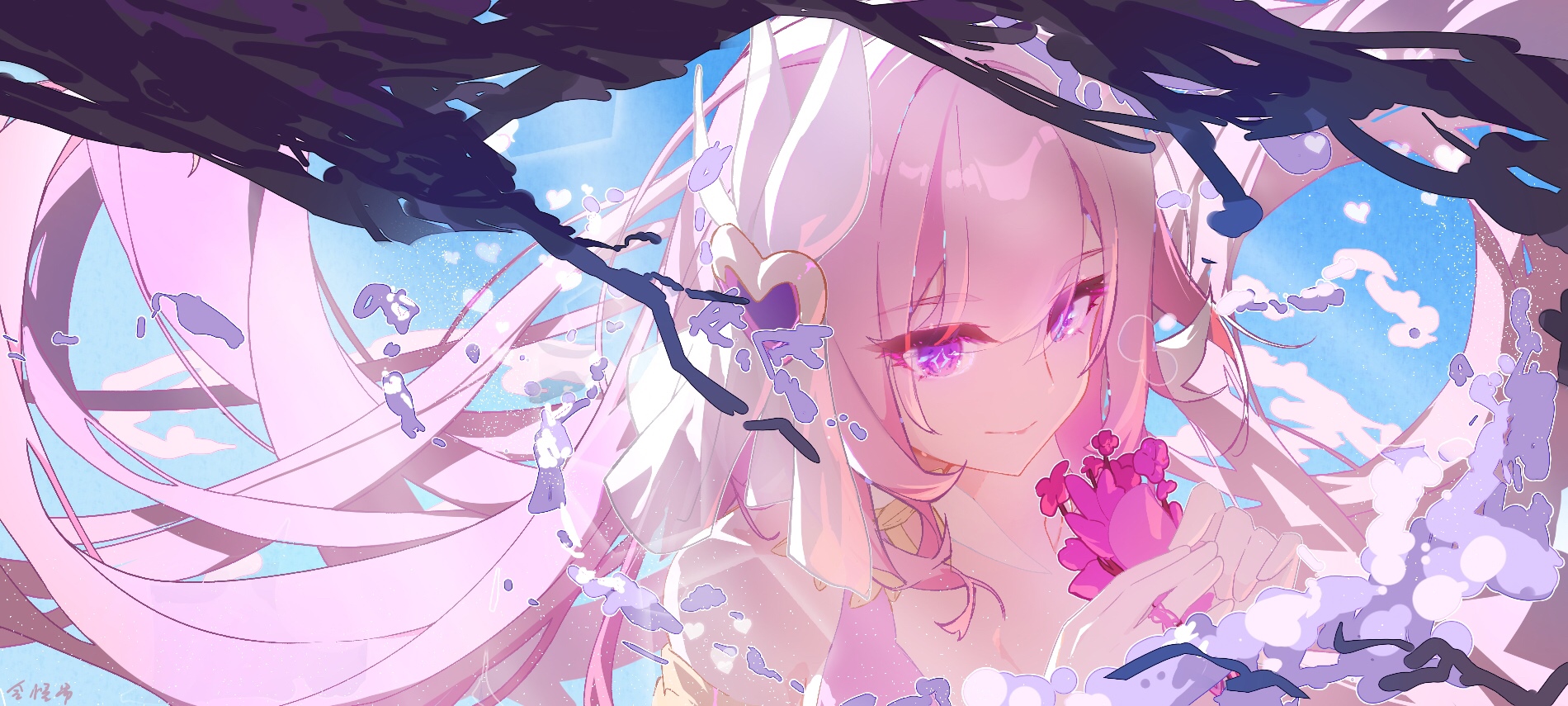 Elysia with pink hair and purple eyes holding a flower HD Wallpaper