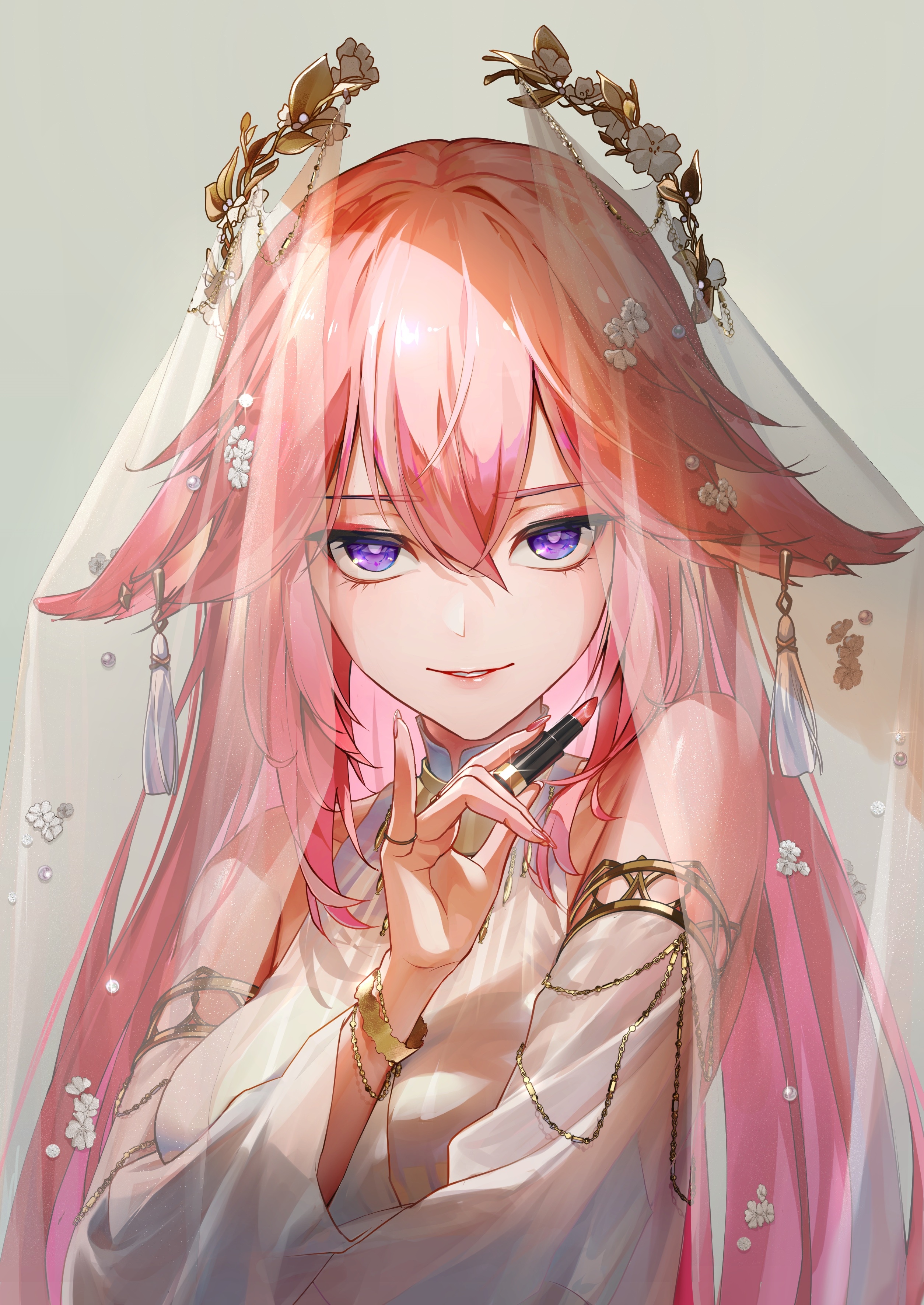 Yae Miko from Genshin Impact holding lipstick HD Phone Wallpaper