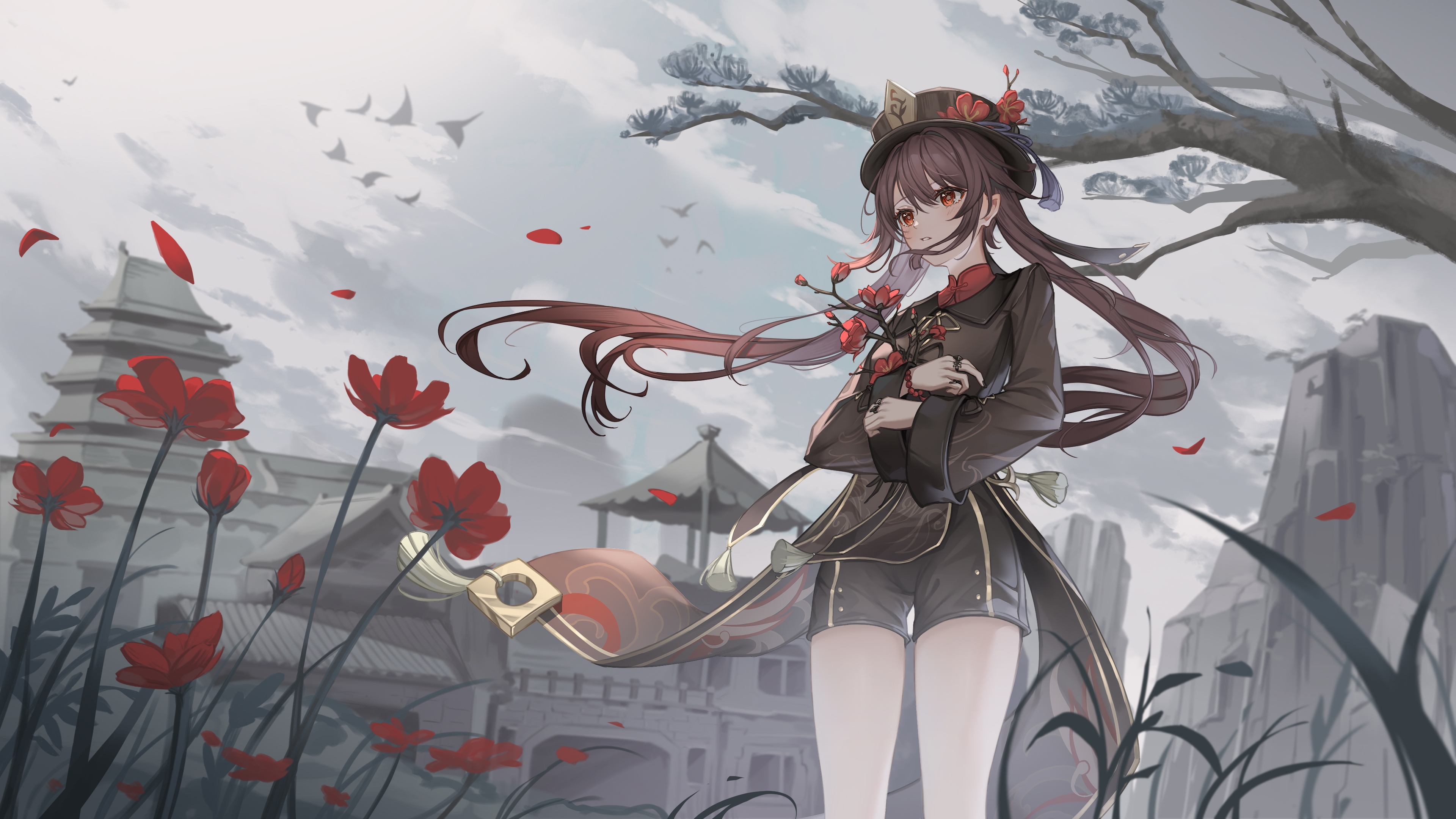4K Genshin Impact Hu Tao with red flowers HD Wallpaper