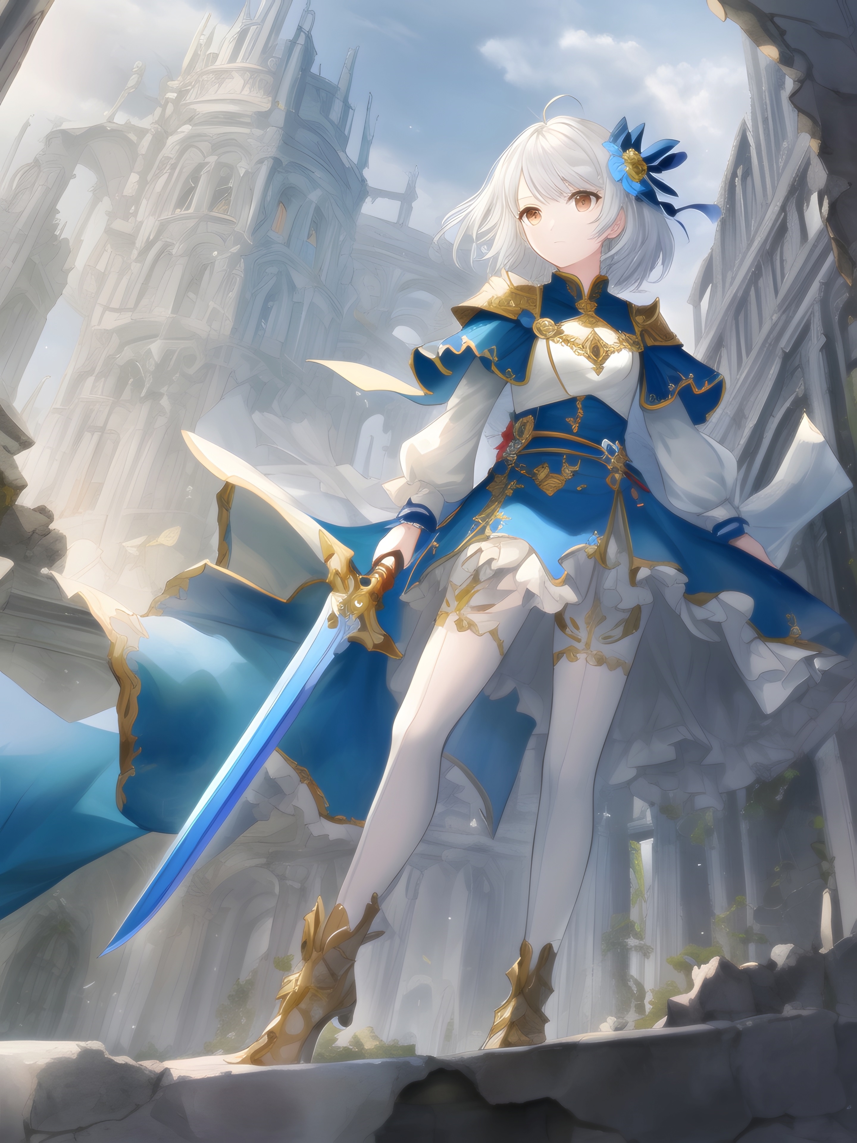 Anime girl with sword in ruins HD Phone Wallpaper