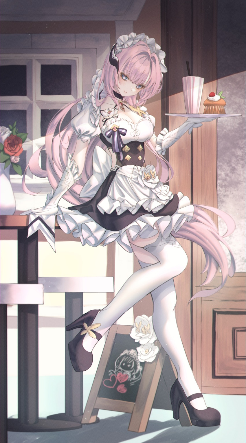 Elysia in a maid outfit serving a drink and cake HD Phone Wallpaper