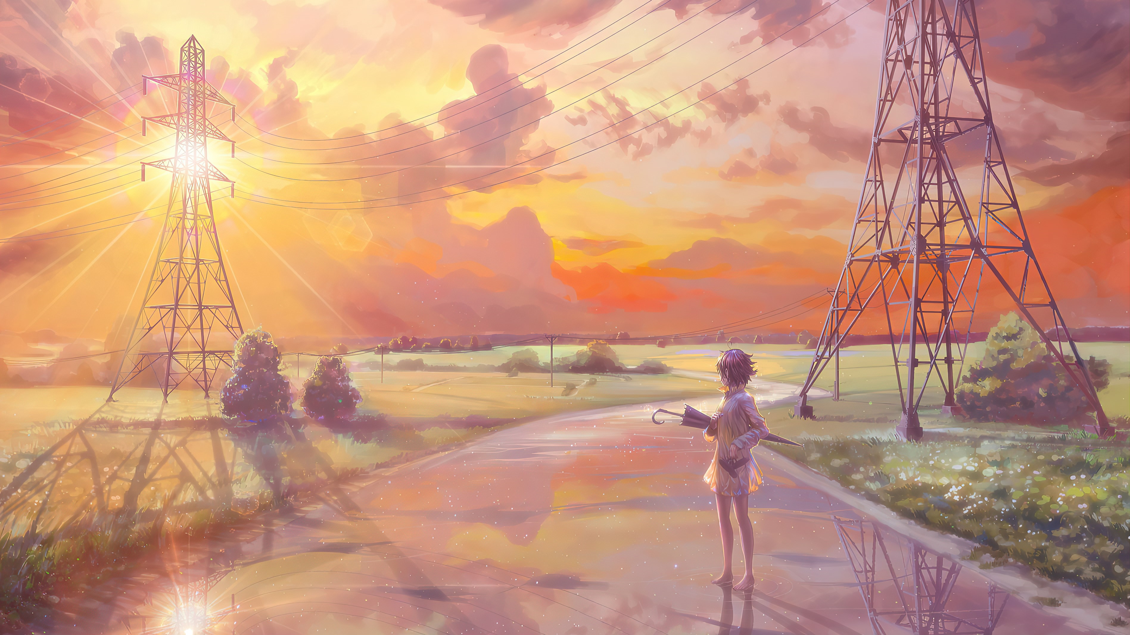 Woman with umbrella at sunset near power lines HD Wallpaper