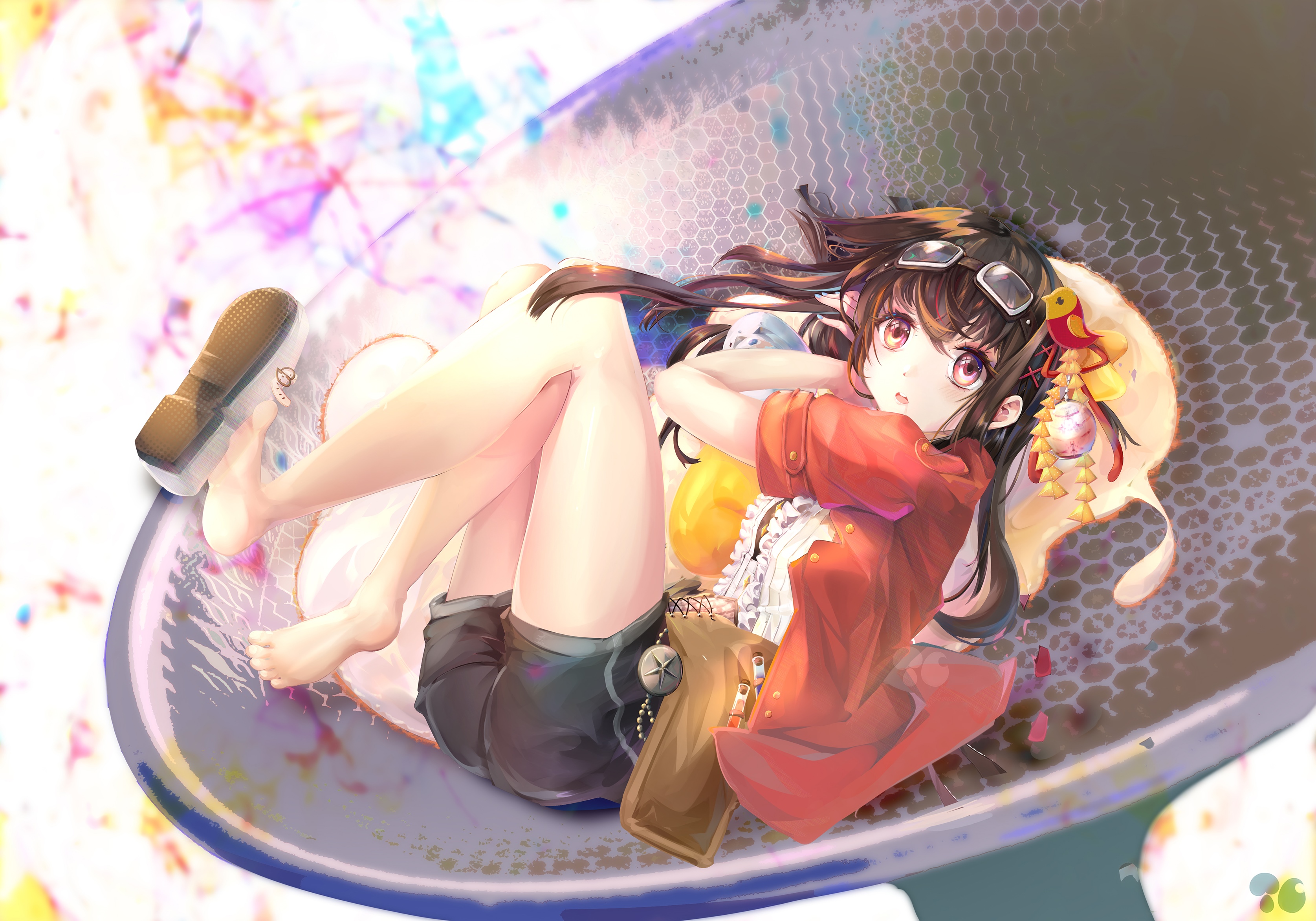 Girl with goggles lying on her back HD Wallpaper