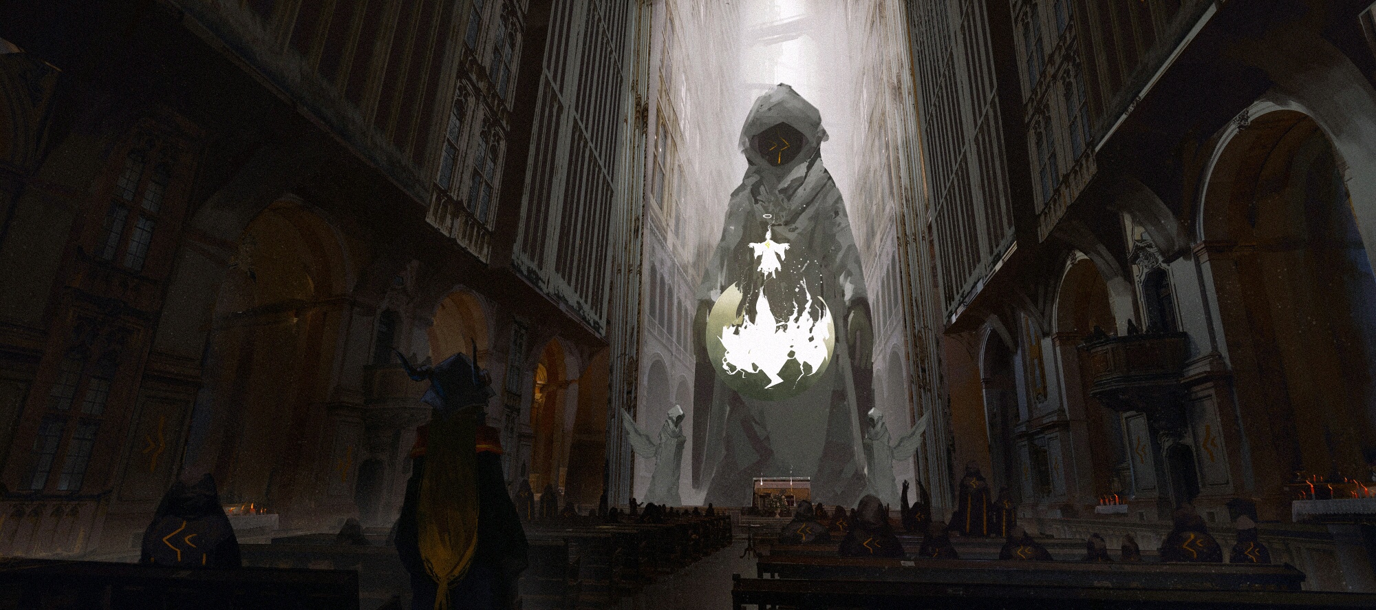 Fantasy art of a hooded figure in a cathedral HD Wallpaper