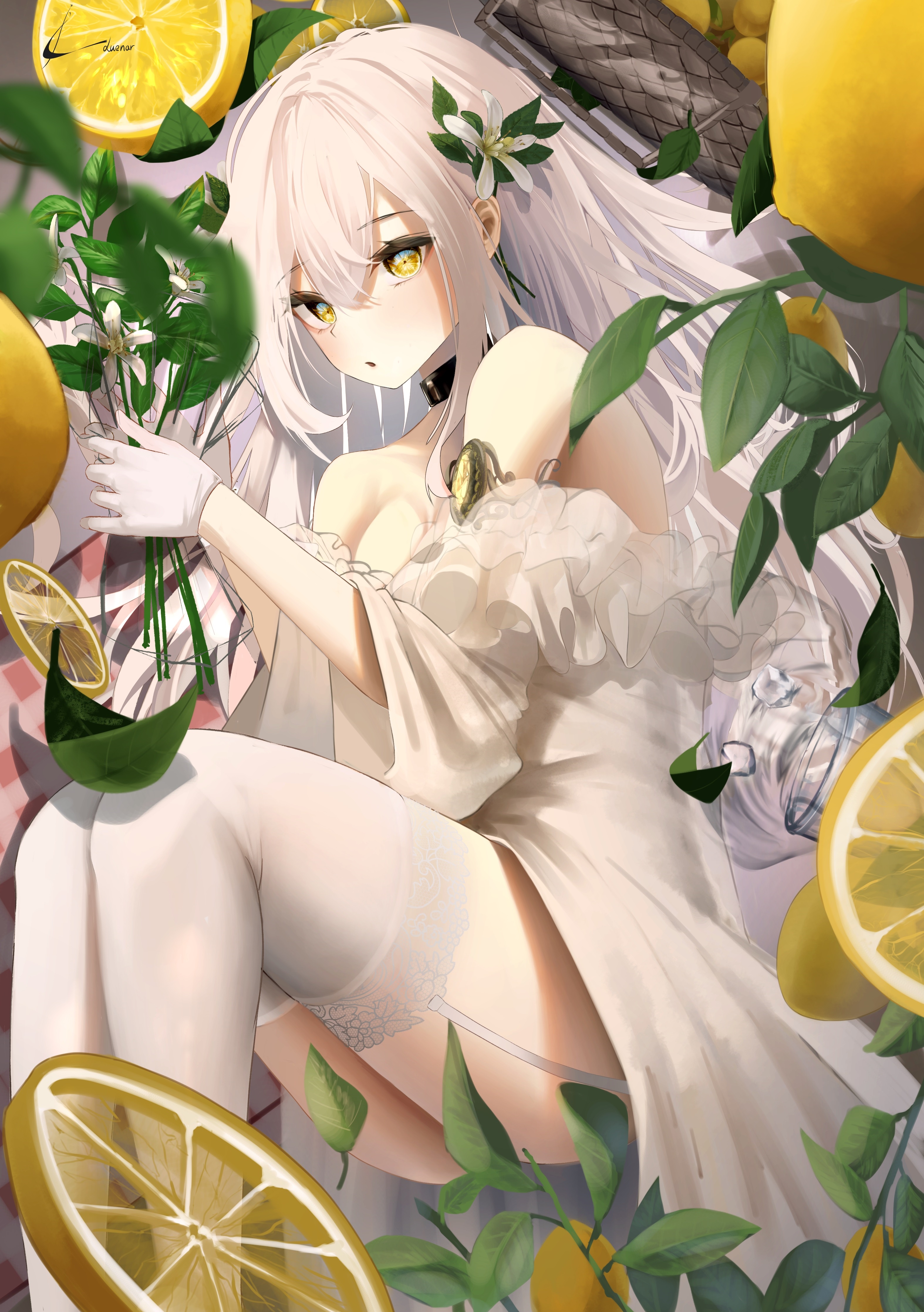 Anime girl with white hair surrounded by lemons HD Phone Wallpaper