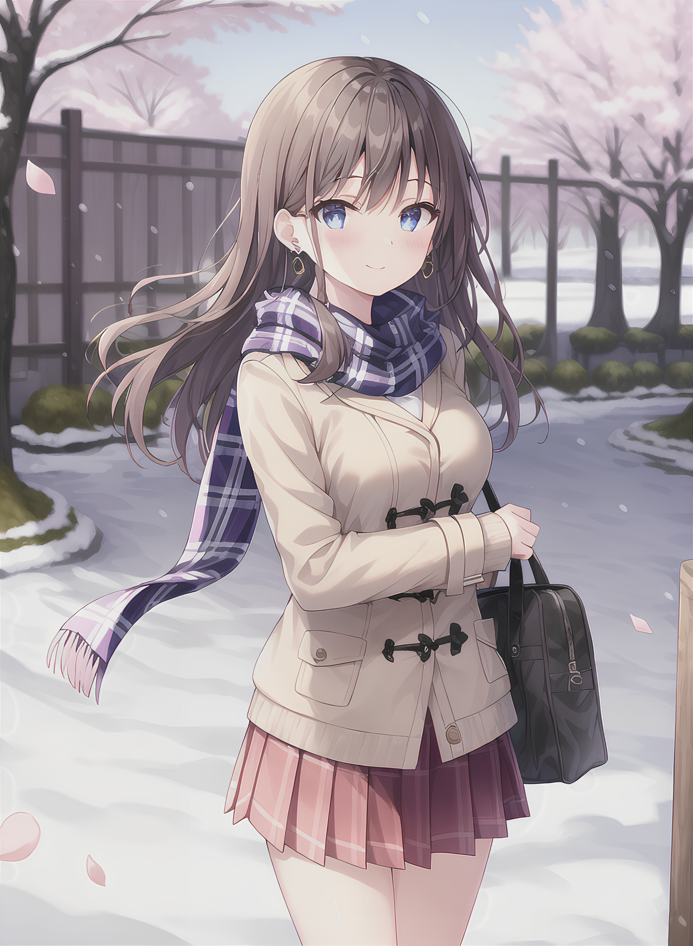 Anime girl in winter coat with scarf and skirt HD Phone Wallpaper
