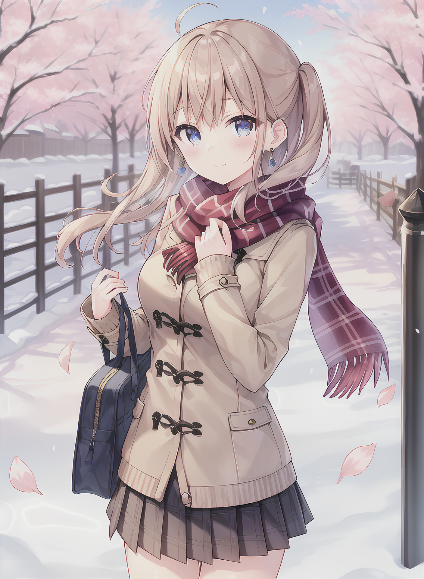 Anime schoolgirl in snow with cherry blossoms HD Phone Wallpaper