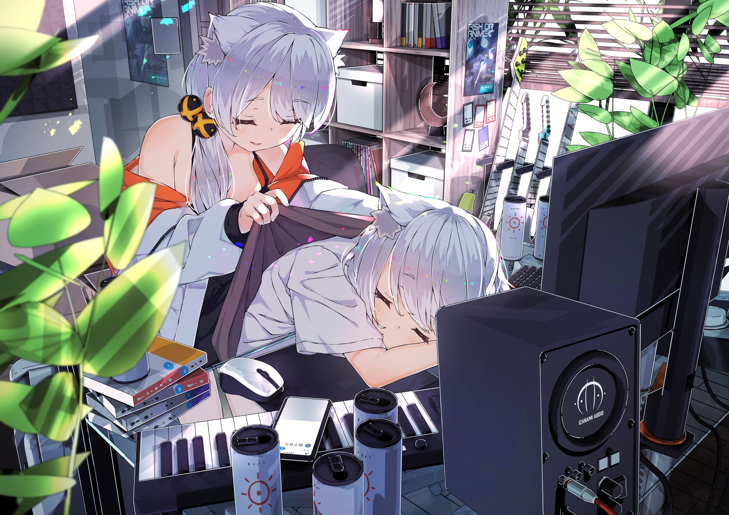 Two cat-eared girls in a room with musical instruments HD Wallpaper
