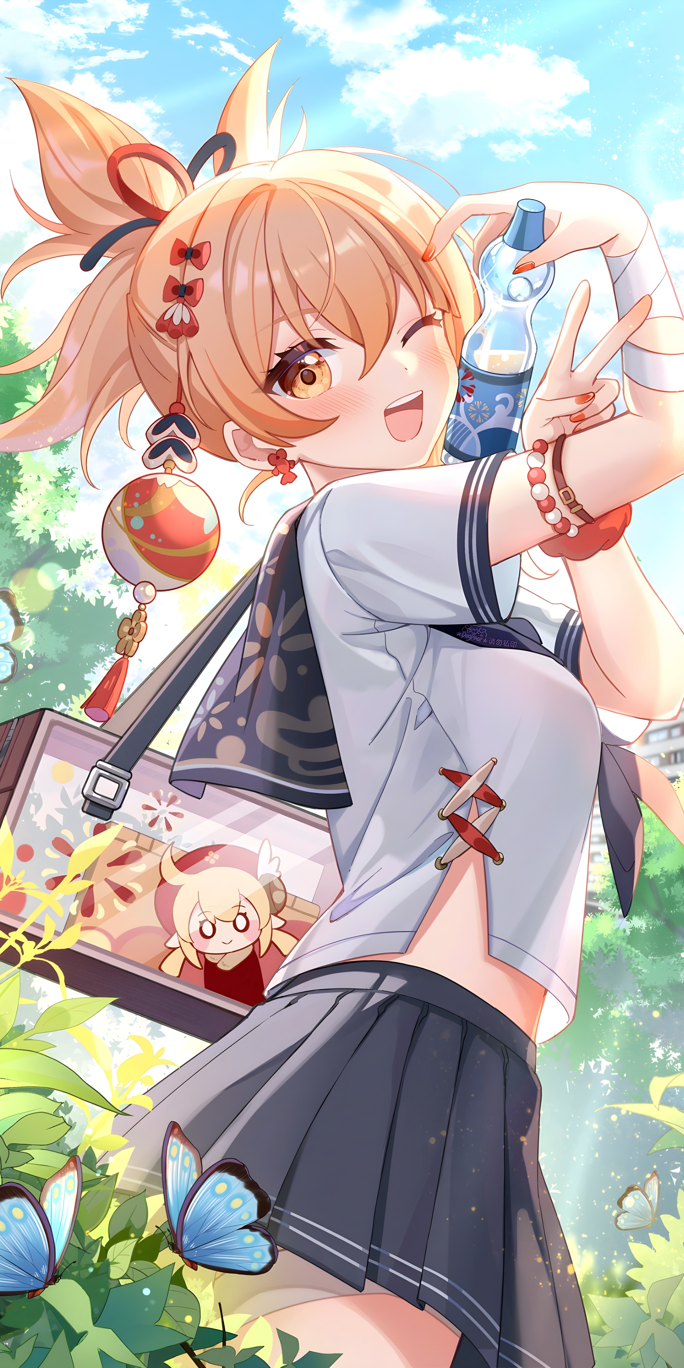 Yoimiya from Genshin Impact with a water bottle HD Phone Wallpaper
