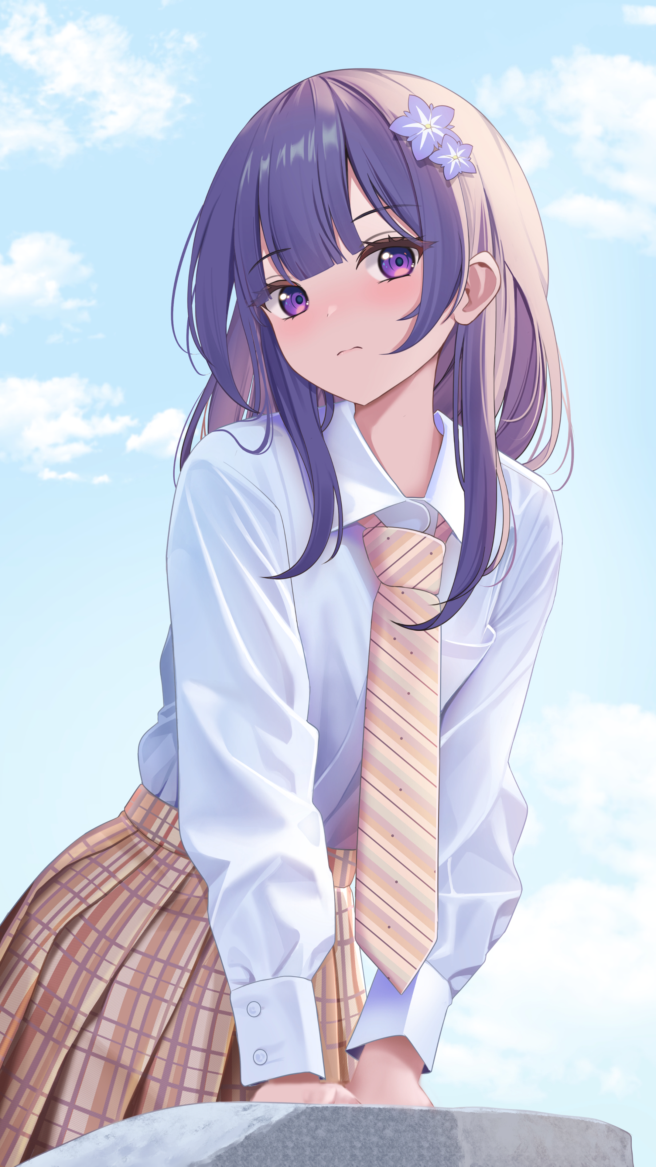 Raiden Shogun in School Uniform with Purple Eyes and Hair HD Phone Wallpaper