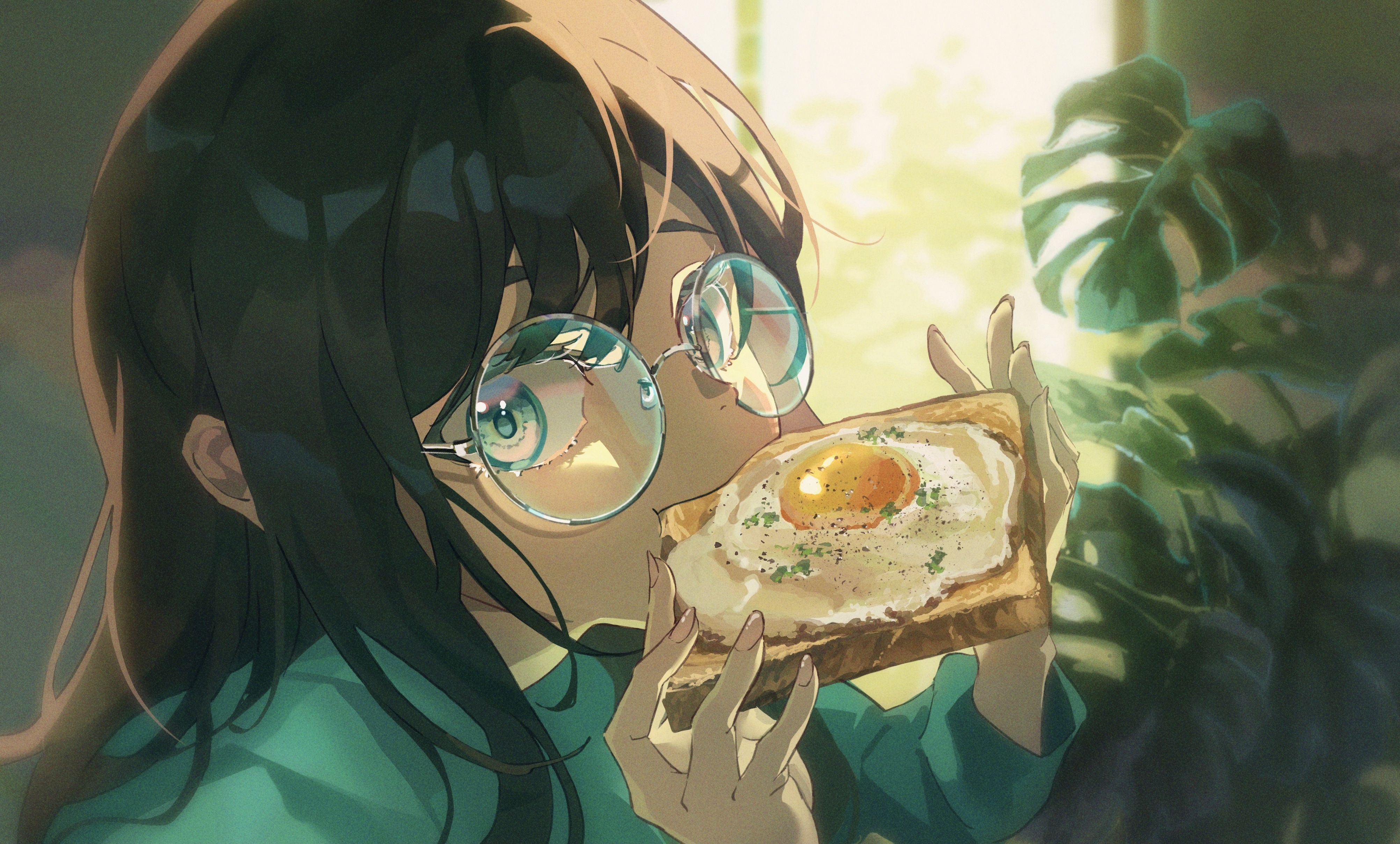 Anime girl with glasses eating toast with egg HD Wallpaper