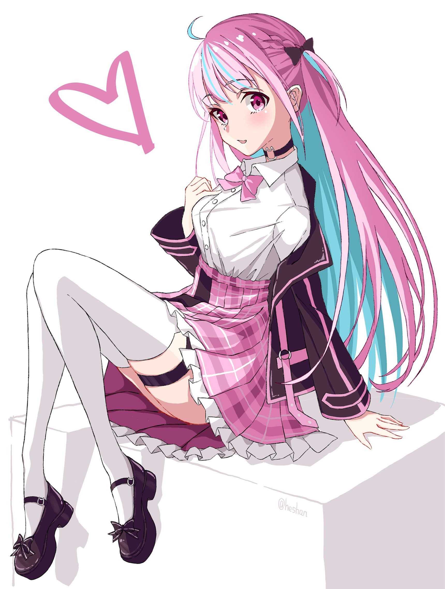 Minato Aqua in a pink plaid skirt and white thigh-highs HD Phone Wallpaper