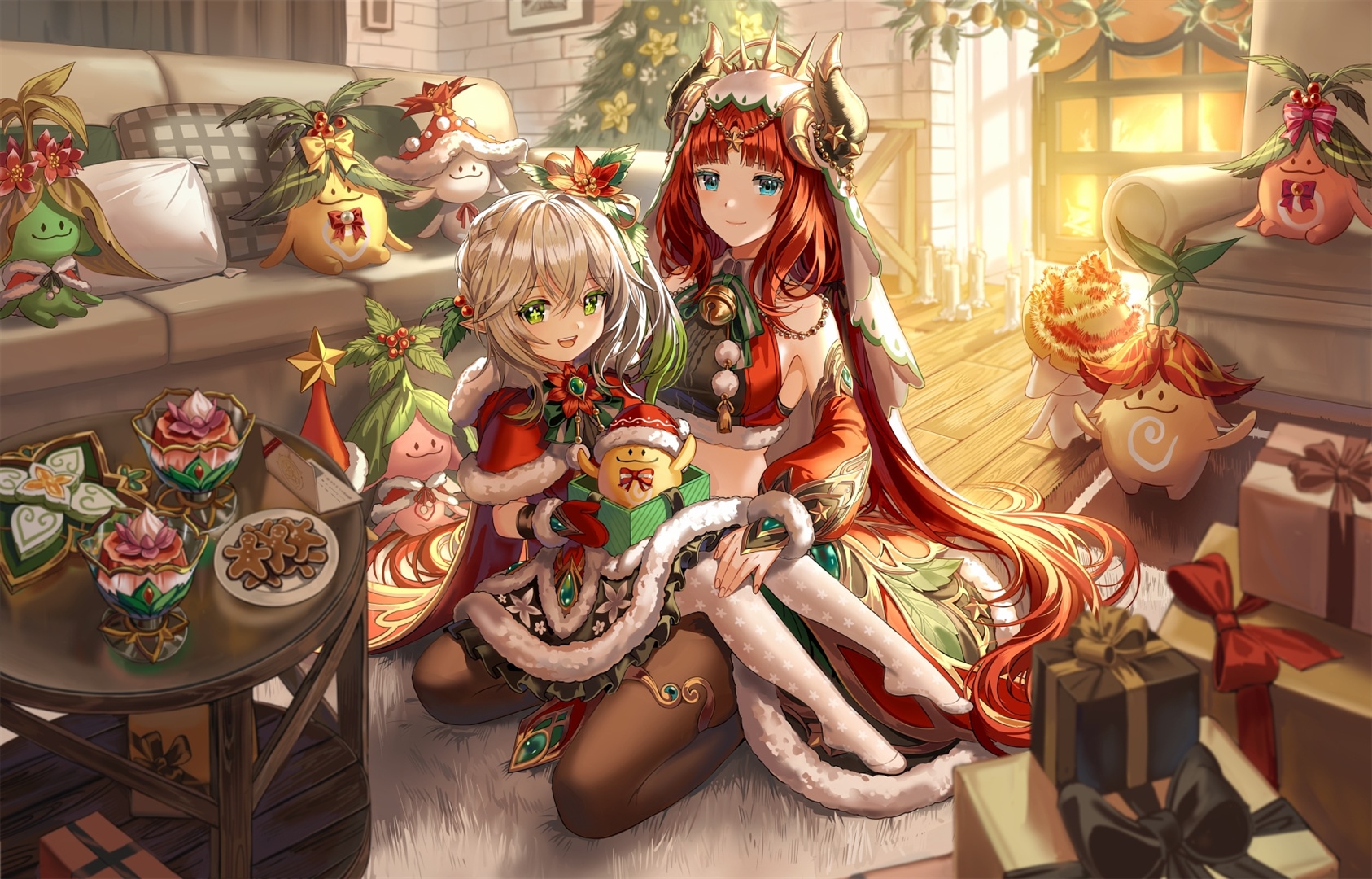 Genshin Impact Christmas characters with presents HD Wallpaper