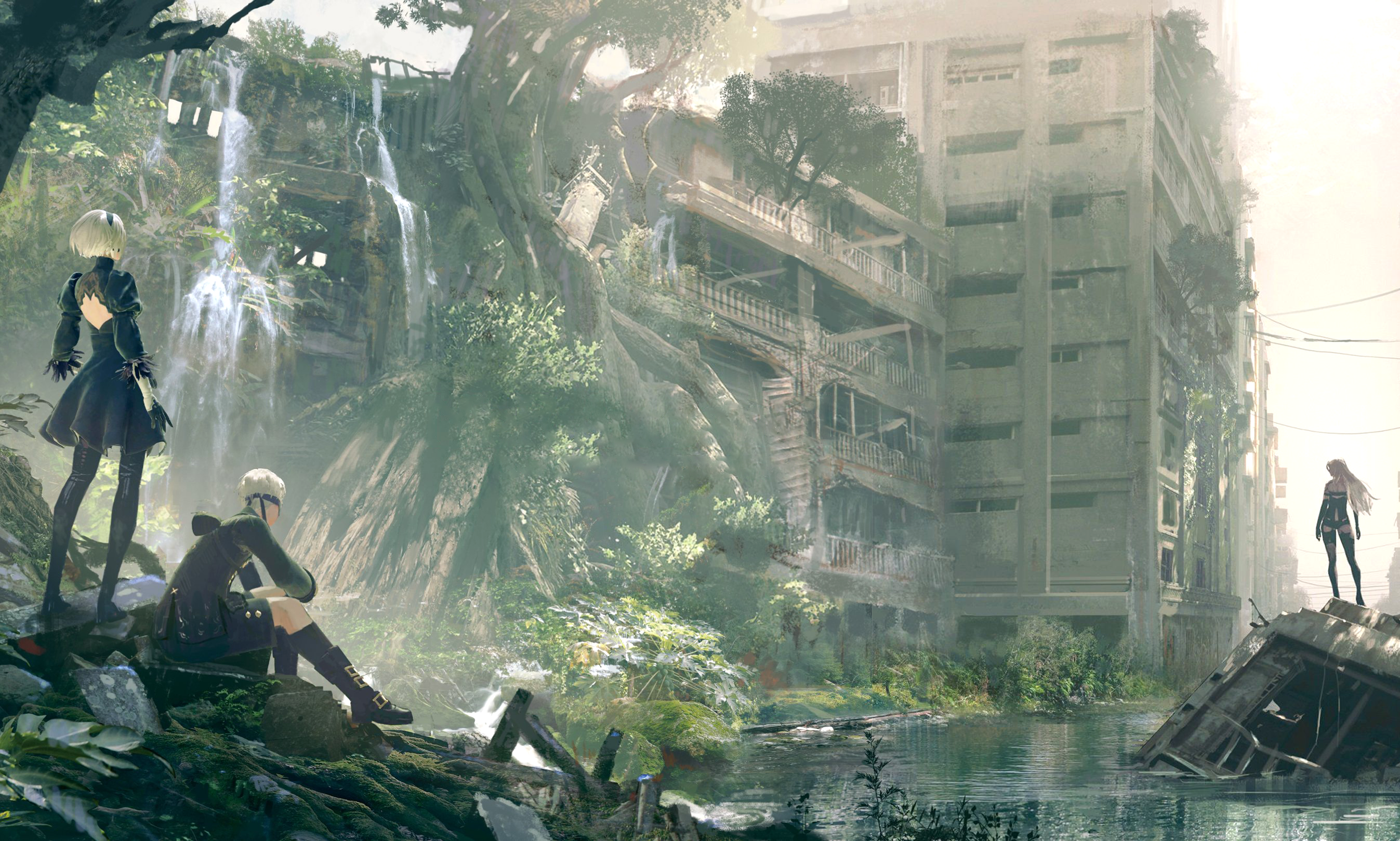 2B, 9S, and A2 in Nier: Automata ruins HD Wallpaper