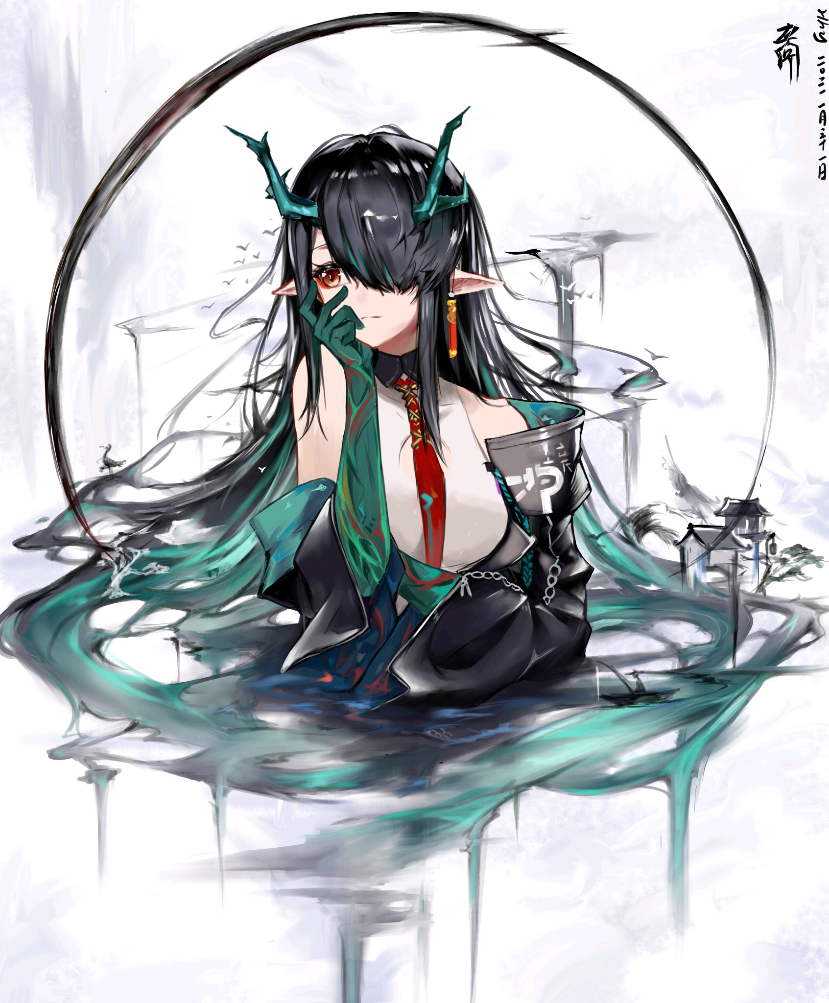 Dragon girl with horns and long black hair, Arknights HD Phone Wallpaper