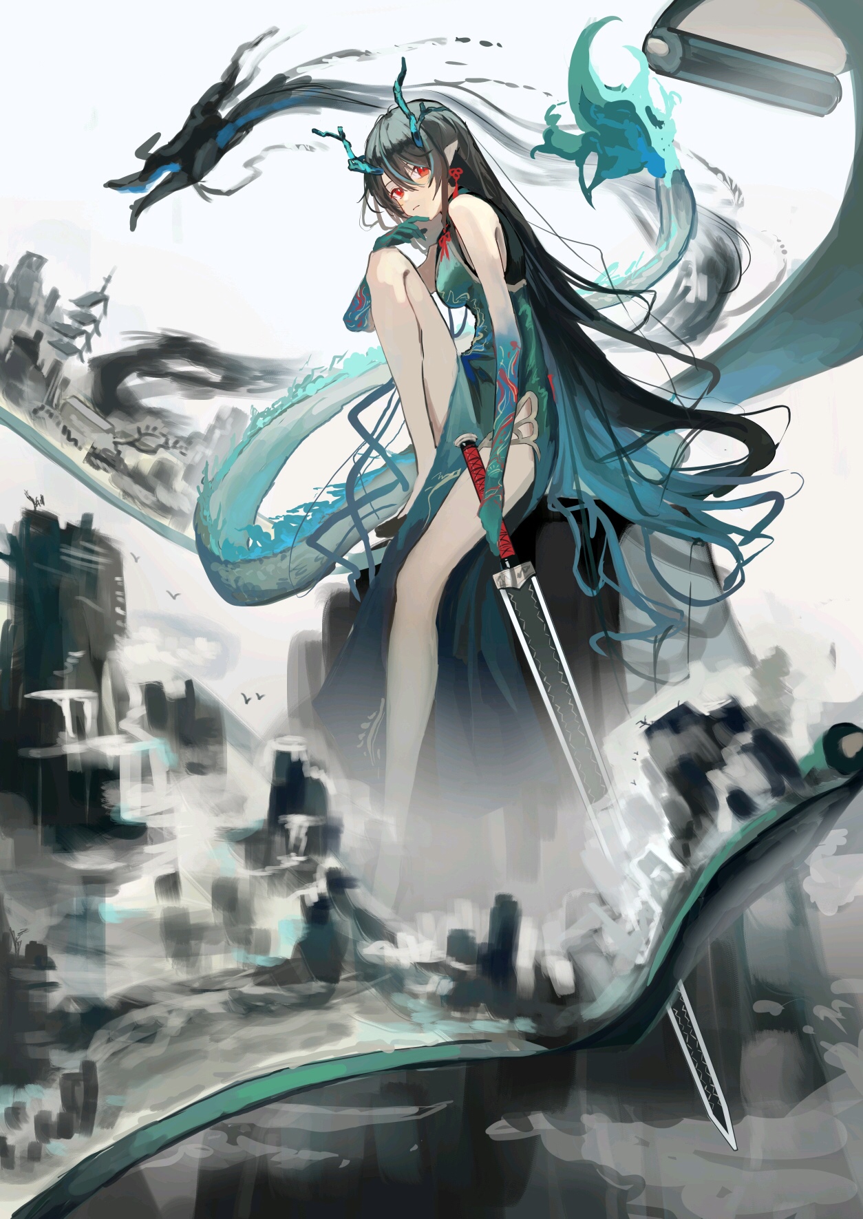Dragon girl with sword and dragon in a city HD Phone Wallpaper