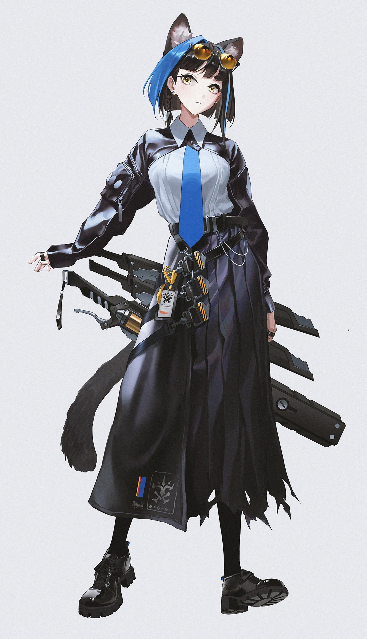Anime Cat Girl with Blue Hair and Weapons HD Phone Wallpaper