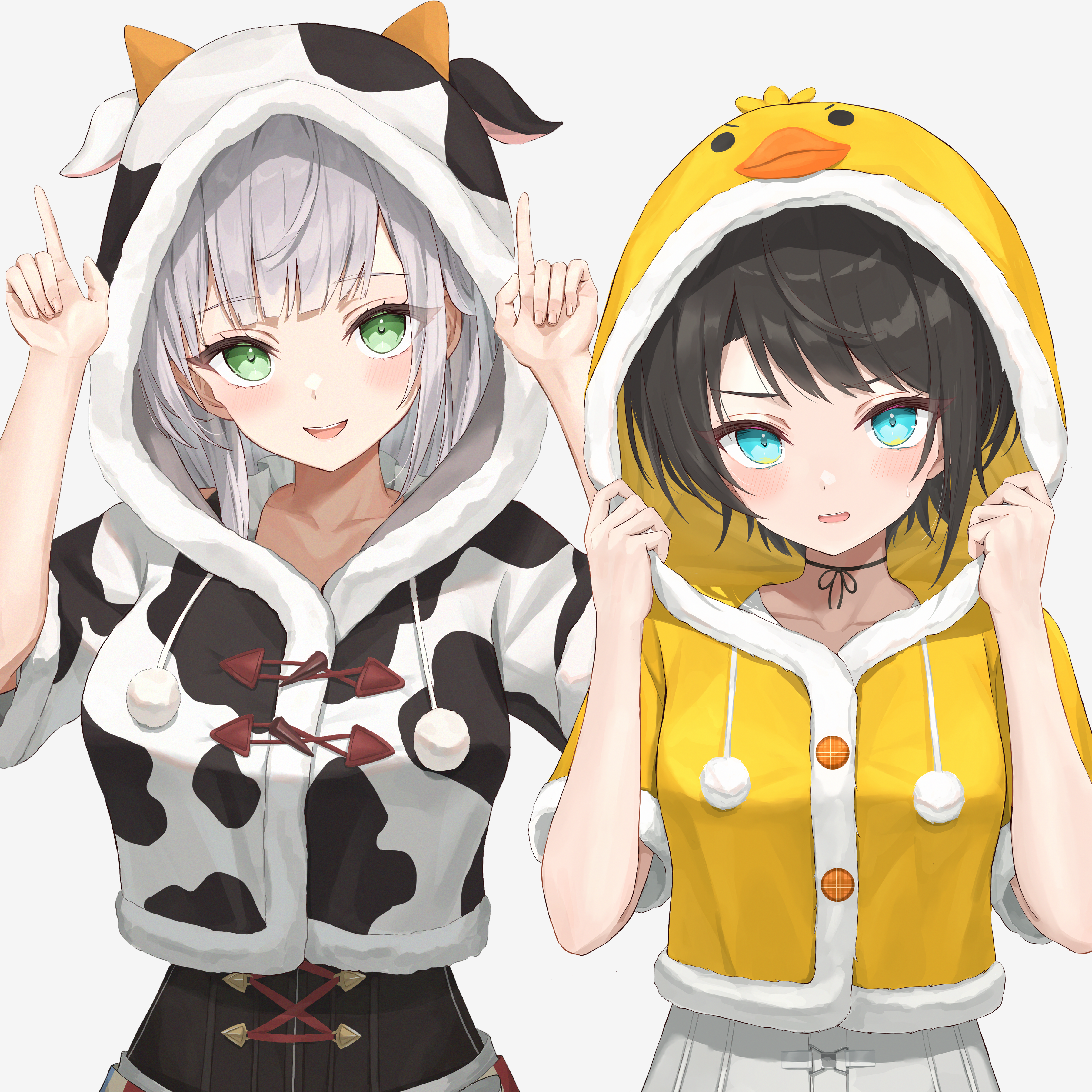 Anime girls in cow and duck hoodies HD Wallpaper