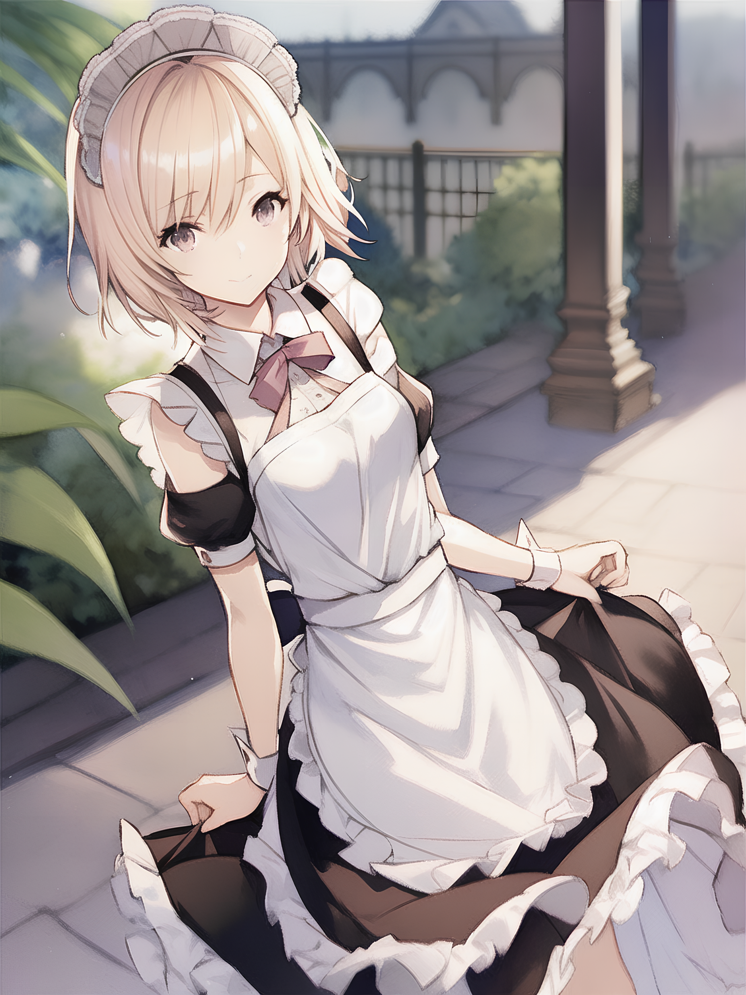 Anime maid lifting her dress outdoors HD Phone Wallpaper