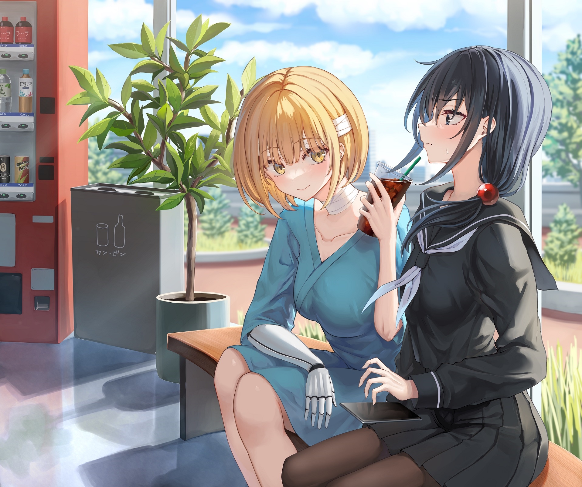 Two women with a prosthetic arm and a drink HD Wallpaper