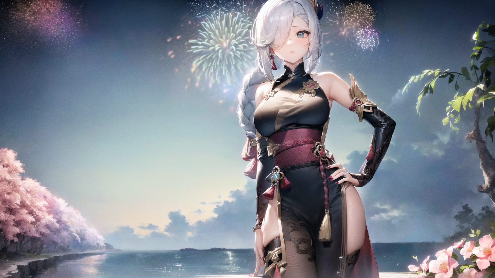 Shenhe from Genshin Impact with Fireworks HD Wallpaper