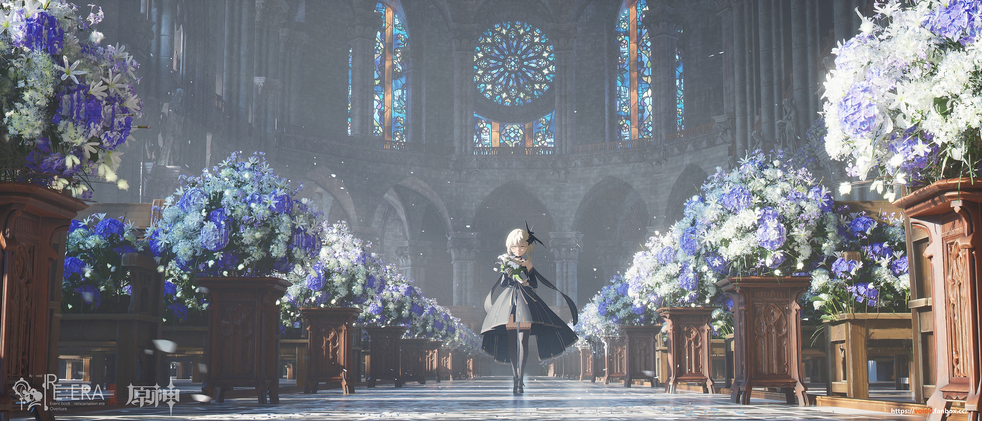 Anime girl in a cathedral with flowers HD Wallpaper
