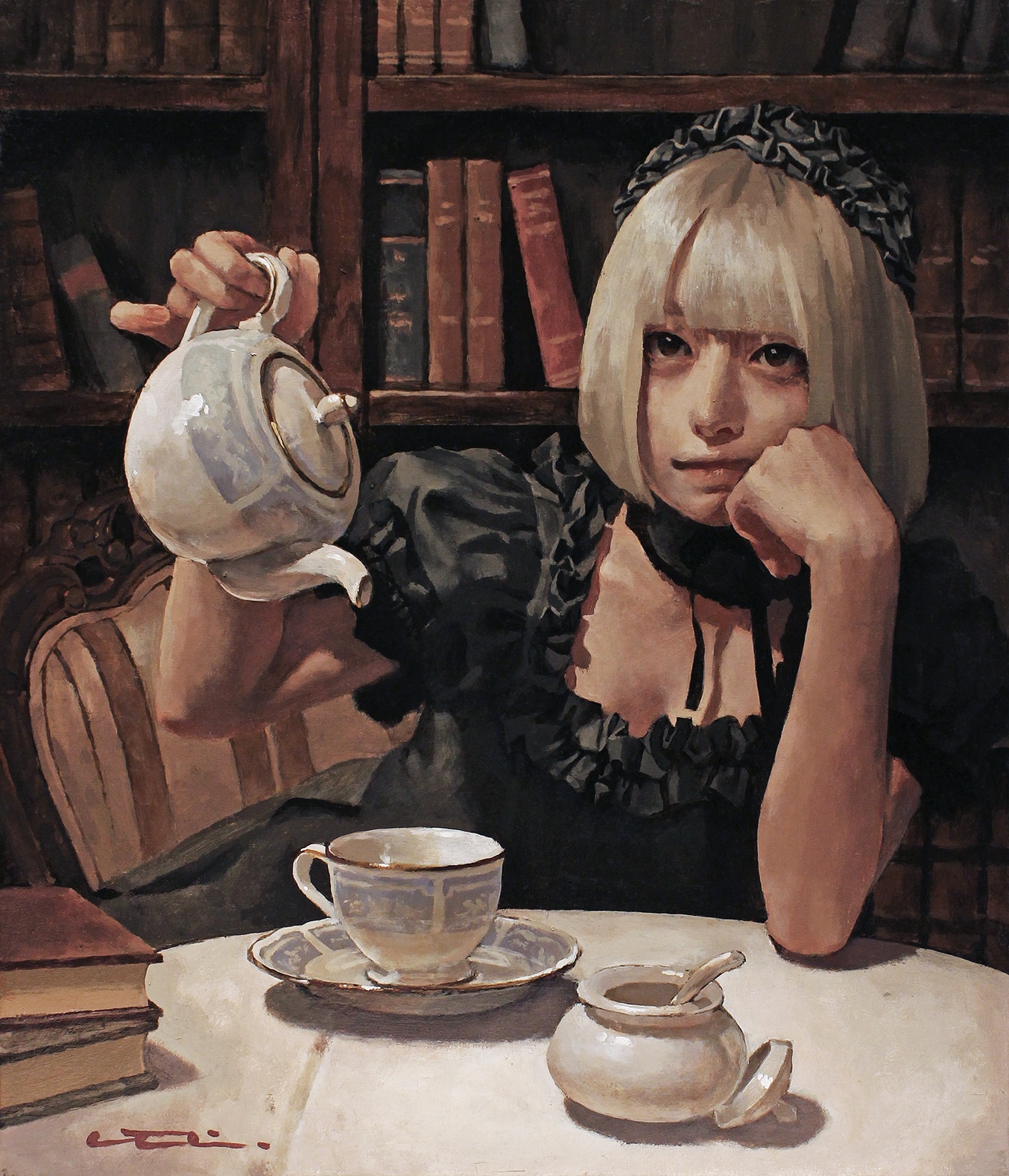 Woman in black dress pouring tea in a library HD Phone Wallpaper
