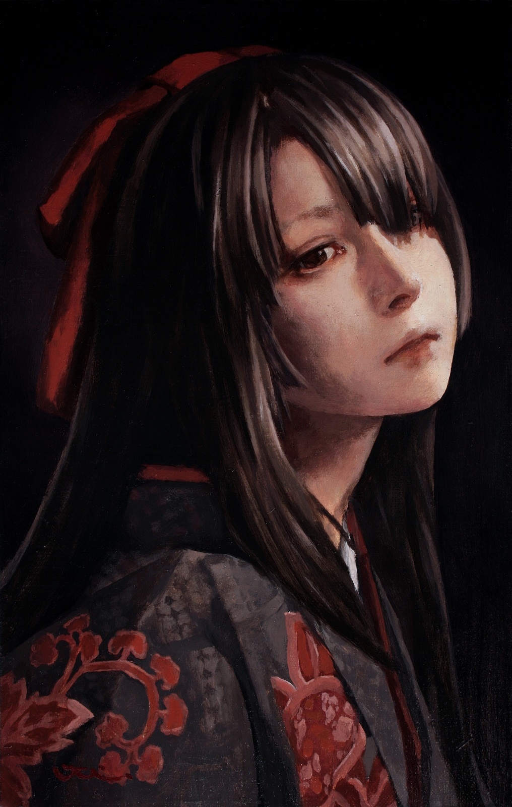 Oil painting of a woman with dark hair and a red ribbon HD Phone Wallpaper