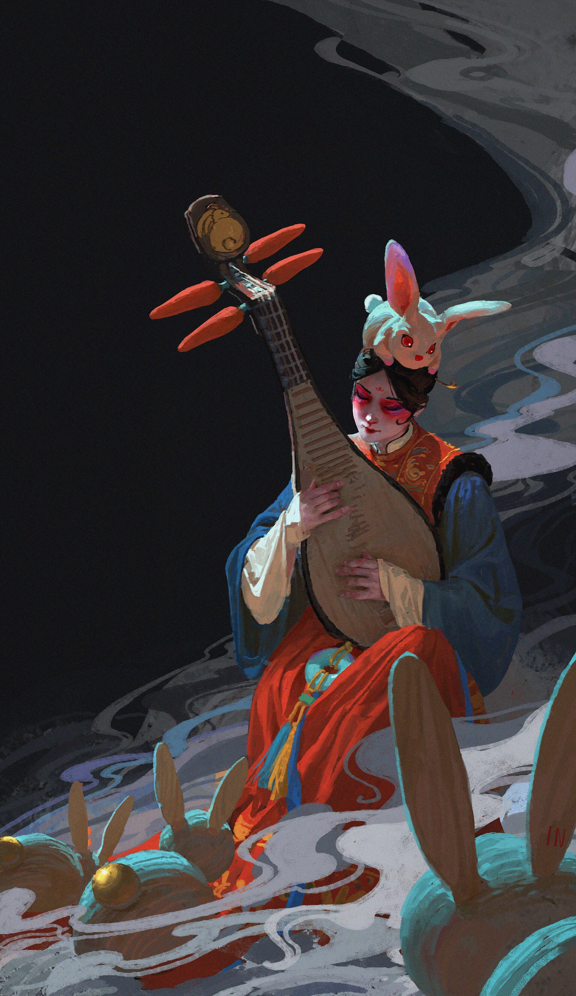 Woman playing a lute with rabbits and smoke HD Phone Wallpaper