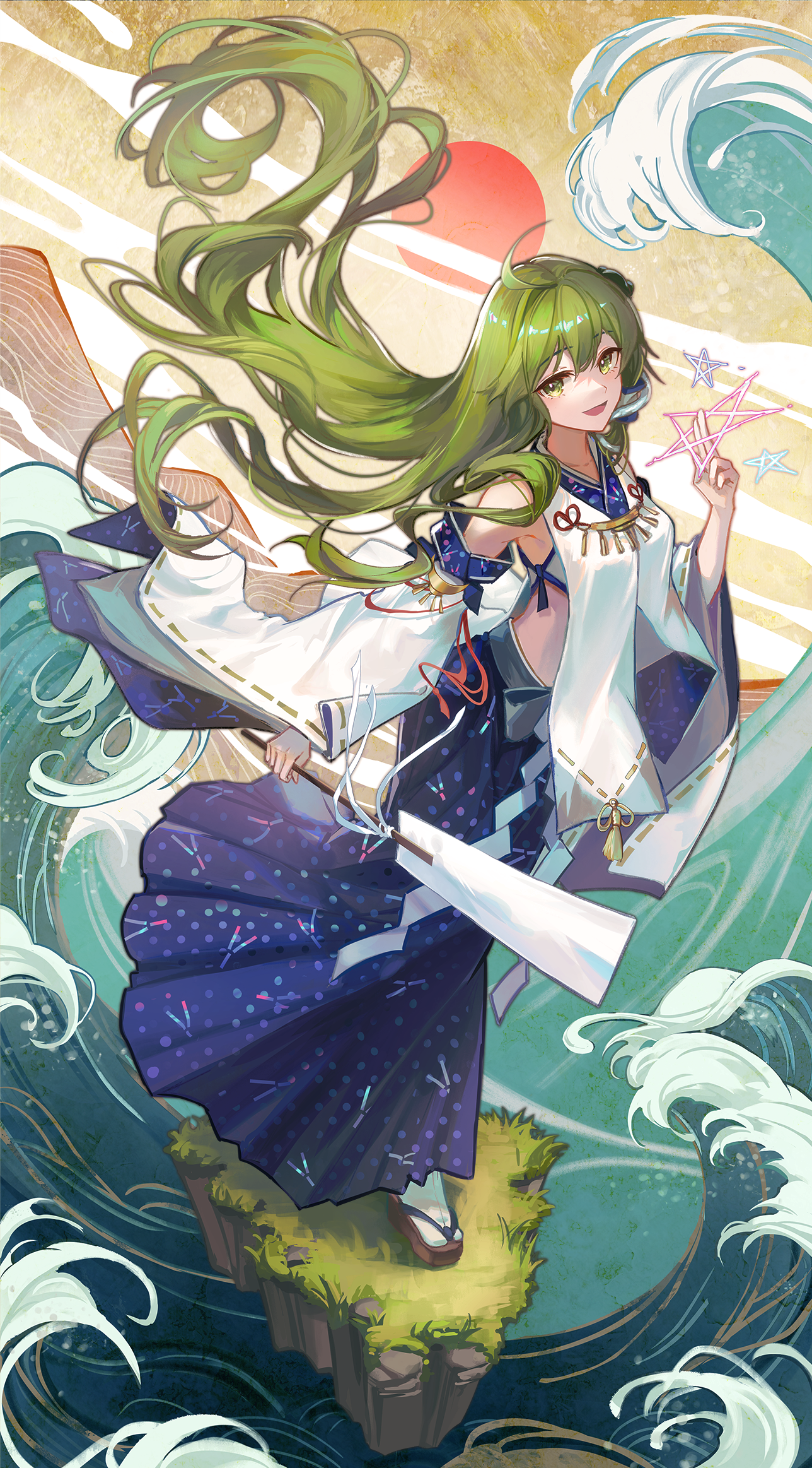 Kochiya Sanae with Green Hair and Eyes in Waves HD Phone Wallpaper