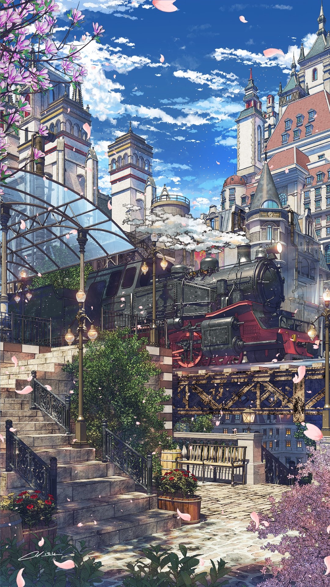 Anime train station with cherry blossoms and grand architecture HD Phone Wallpaper
