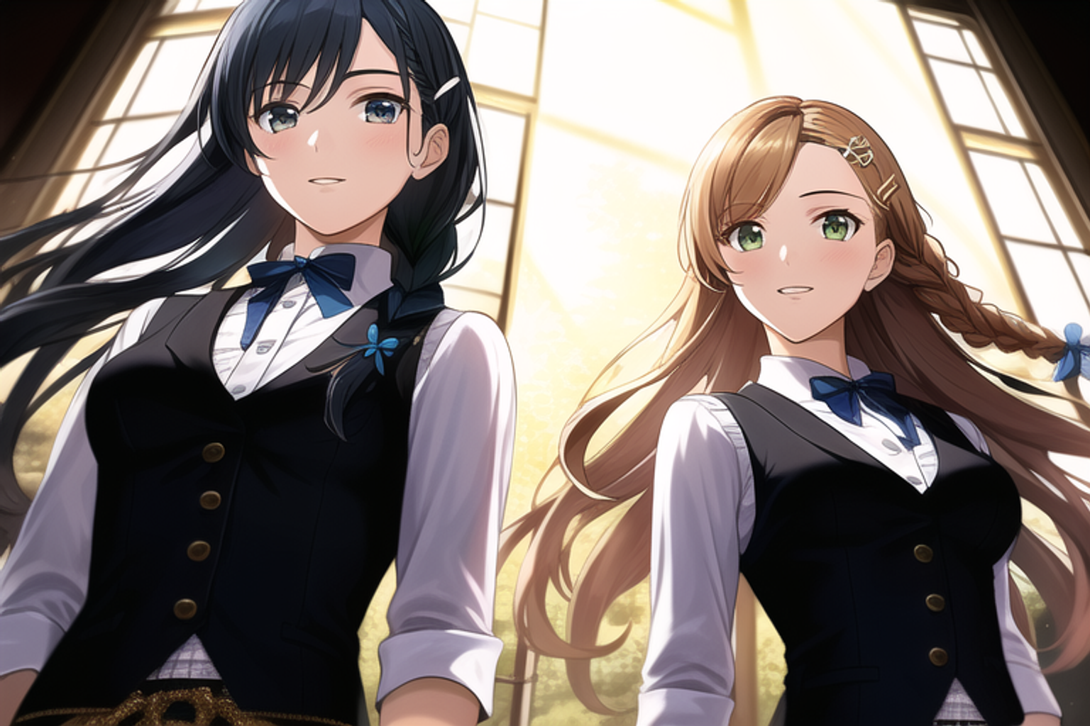 Two anime girls with braids and bow ties HD Wallpaper