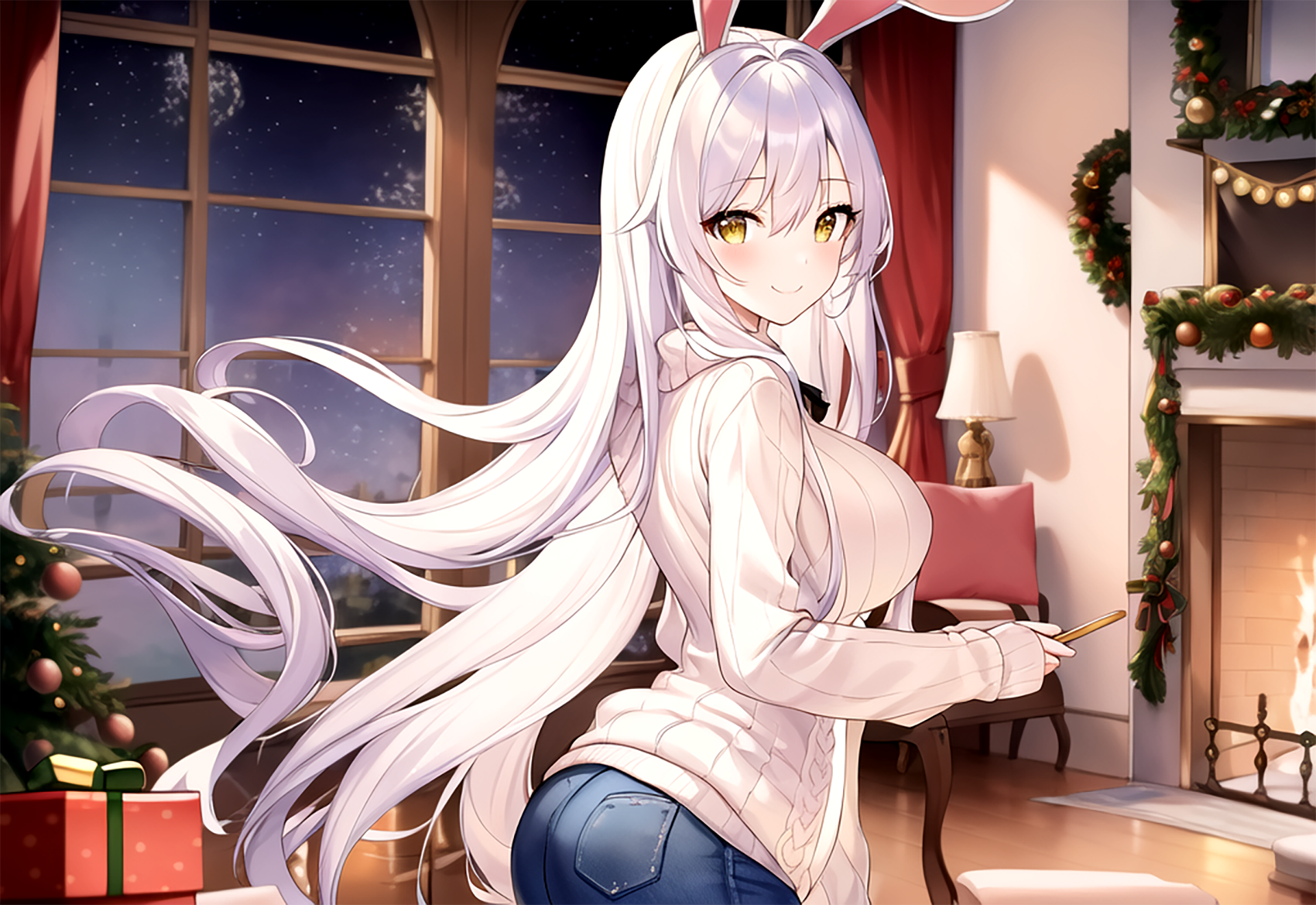 Anime girl with bunny ears and white sweater HD Wallpaper