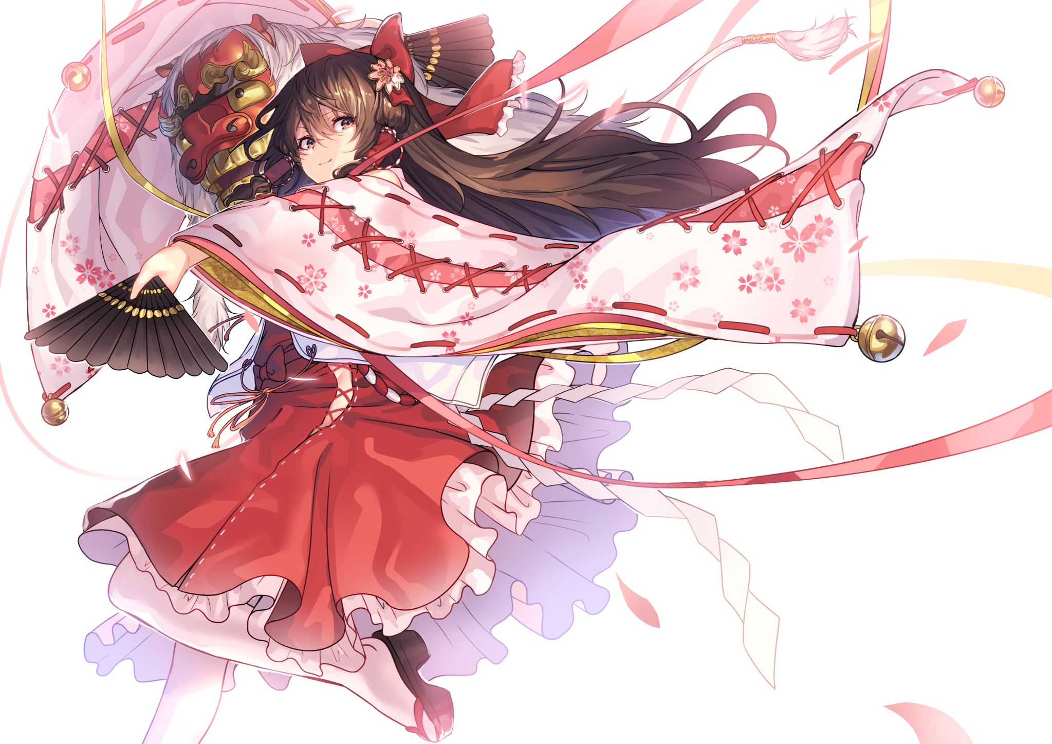 Hakurei Reimu with a Lion Mask and Fan HD Wallpaper