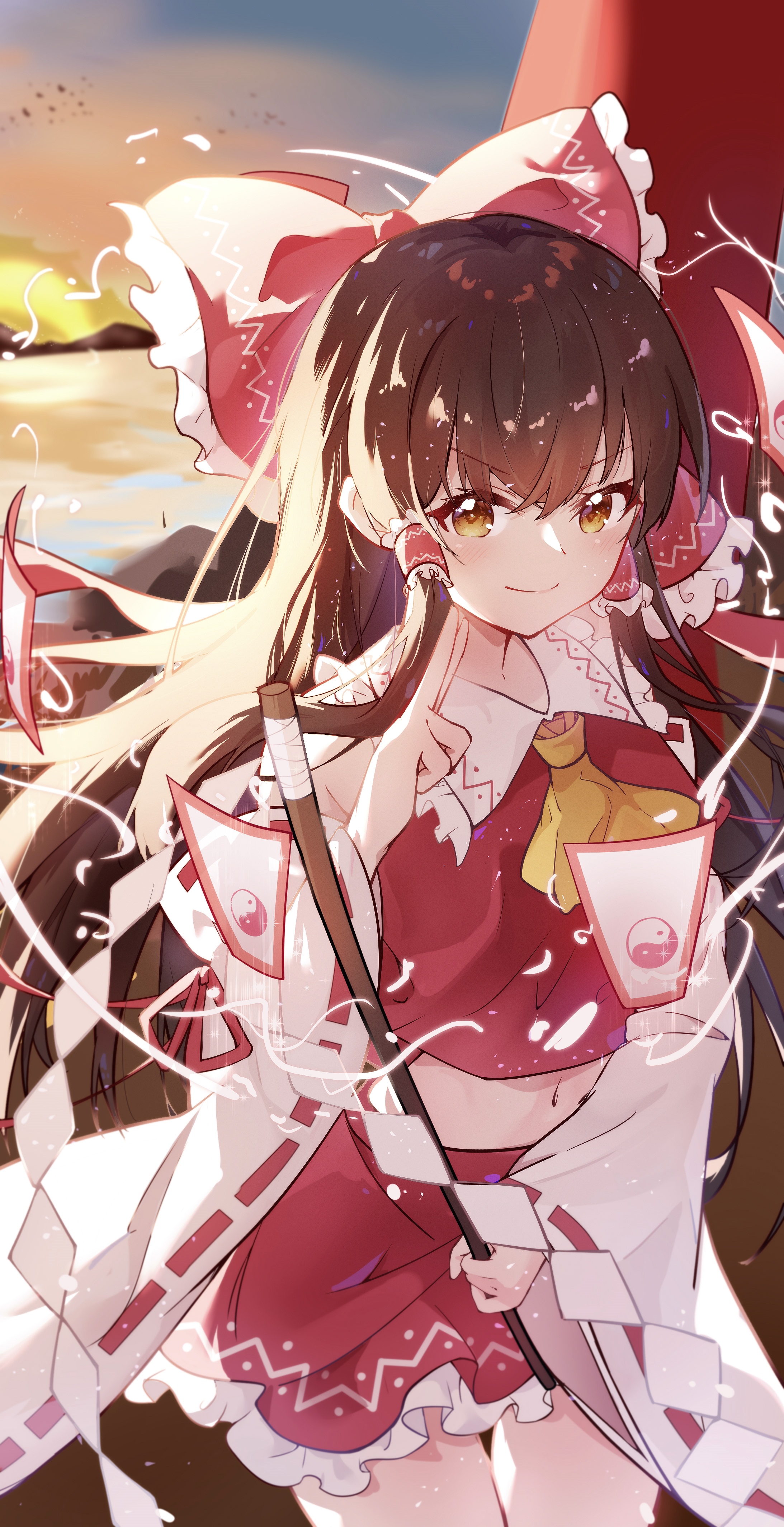 Hakurei Reimu from Touhou holding a gohei HD Phone Wallpaper