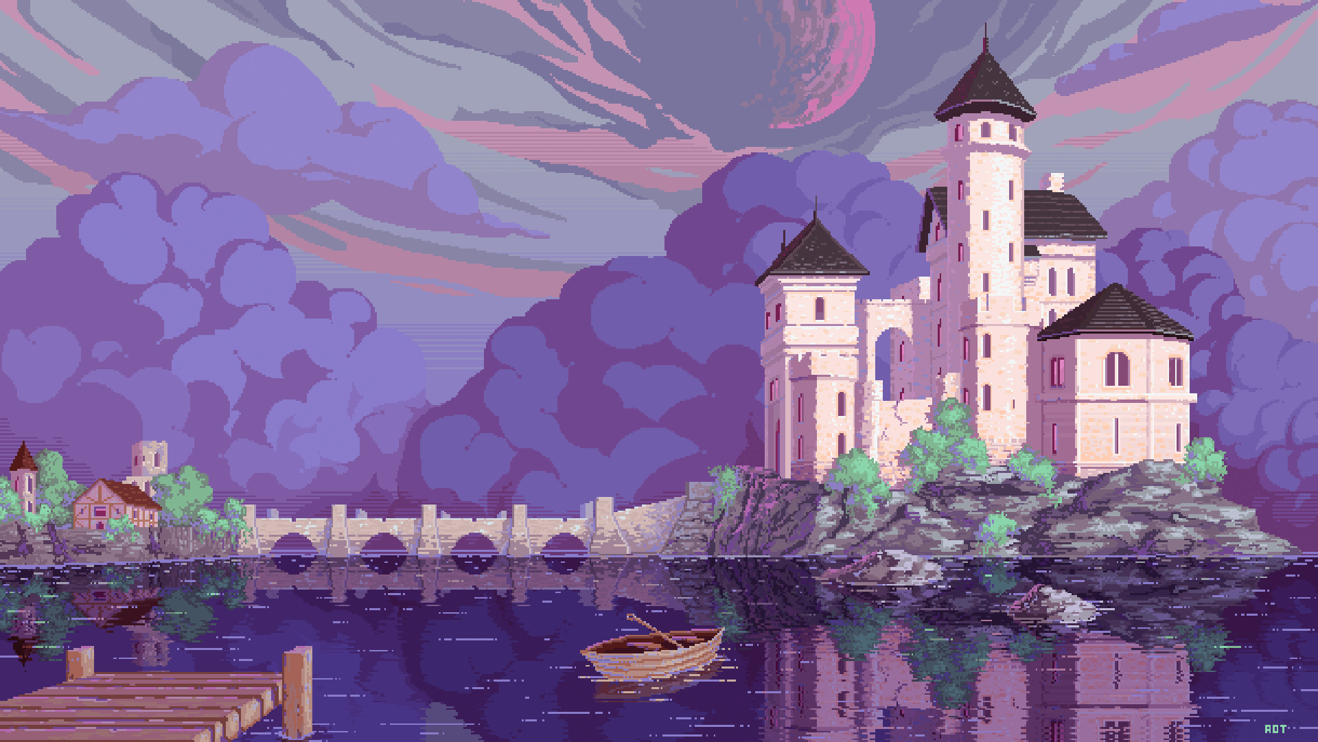 Pixel art castle by a lake with a boat and bridge HD Wallpaper