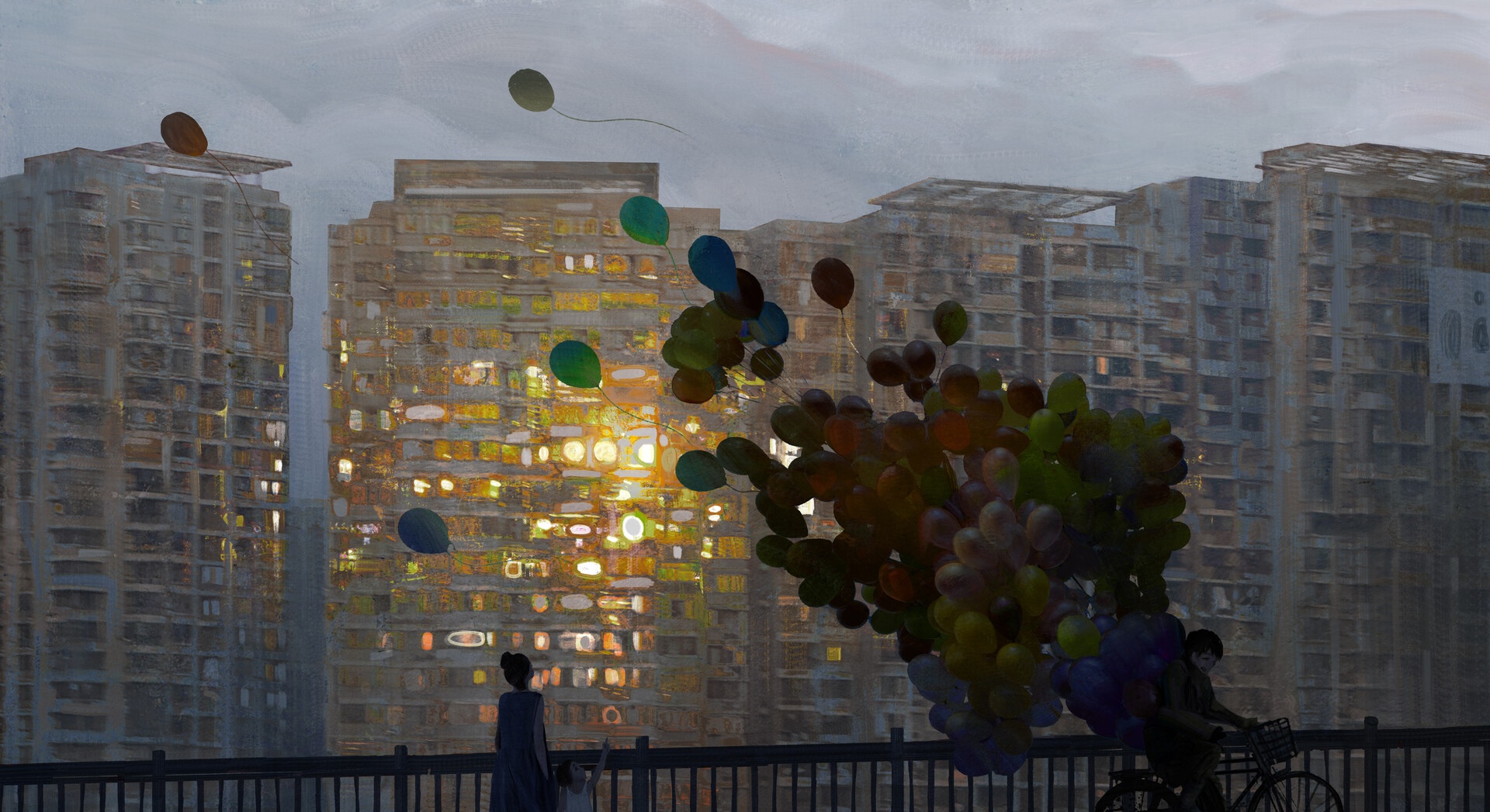 Cityscape with balloons and people HD Wallpaper