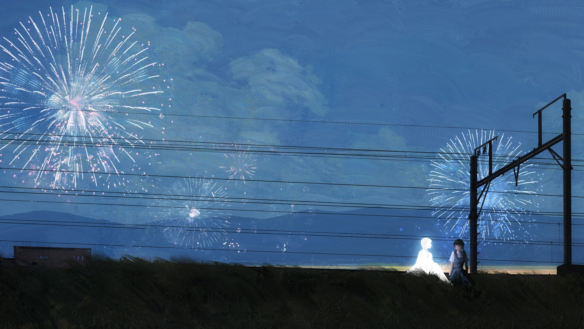 Fireworks display over a landscape with two figures HD Wallpaper