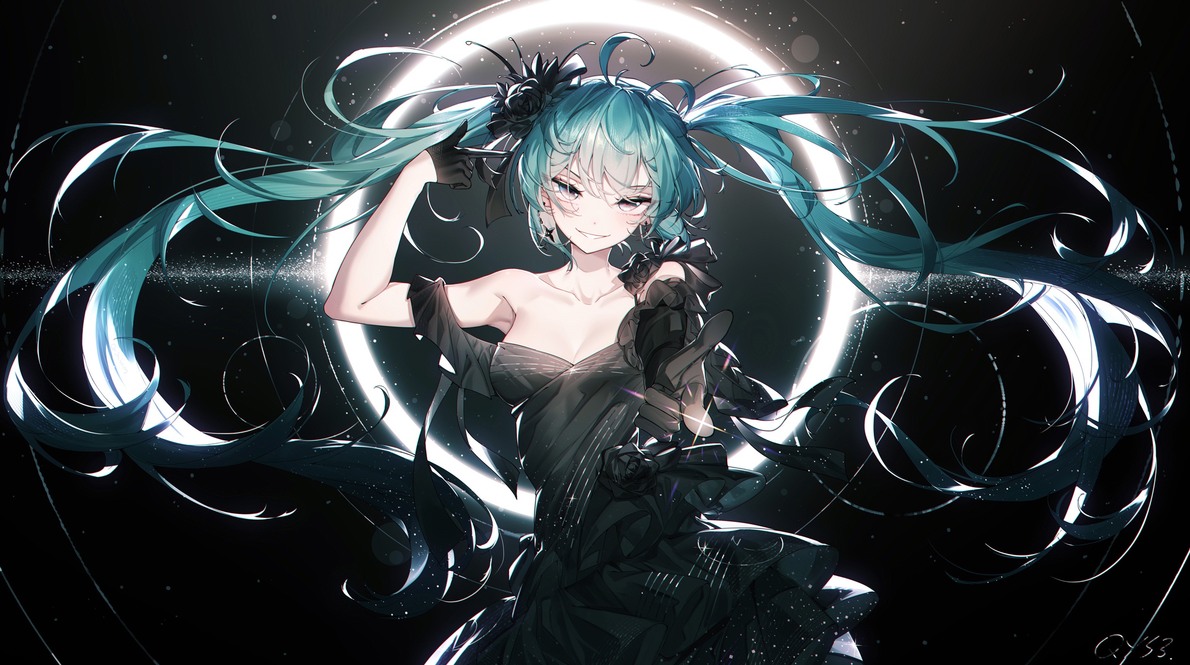 Hatsune Miku in a black dress with blue twintails HD Wallpaper