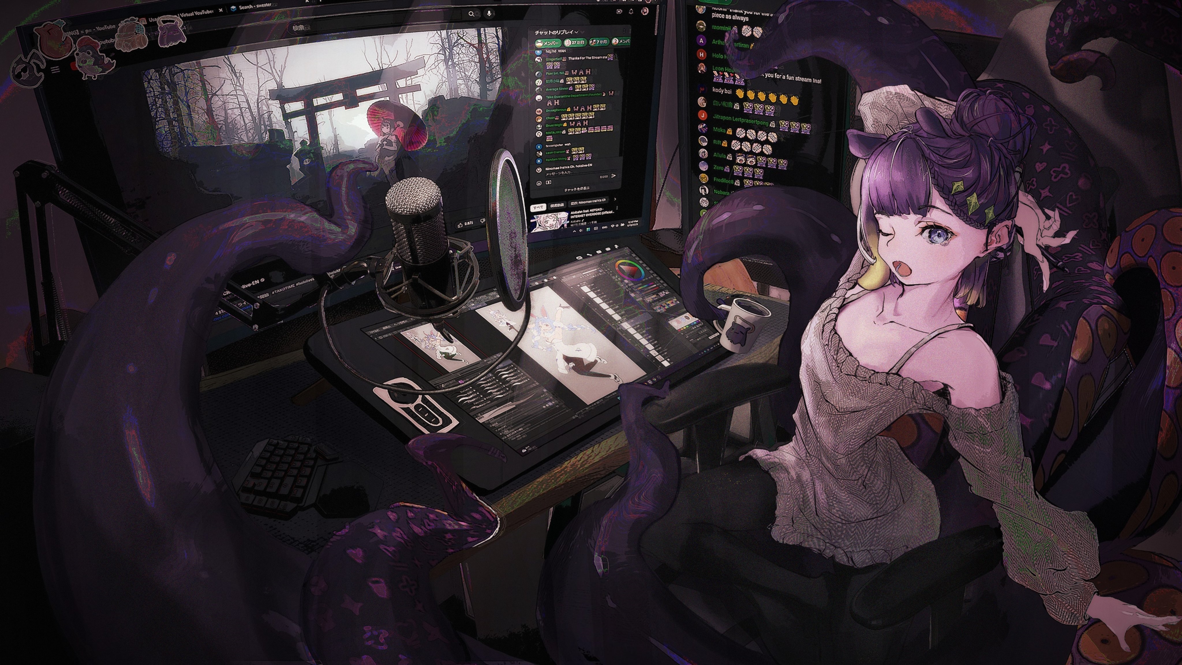 4K Ninomae Inanis with tentacles and monitors HD Wallpaper