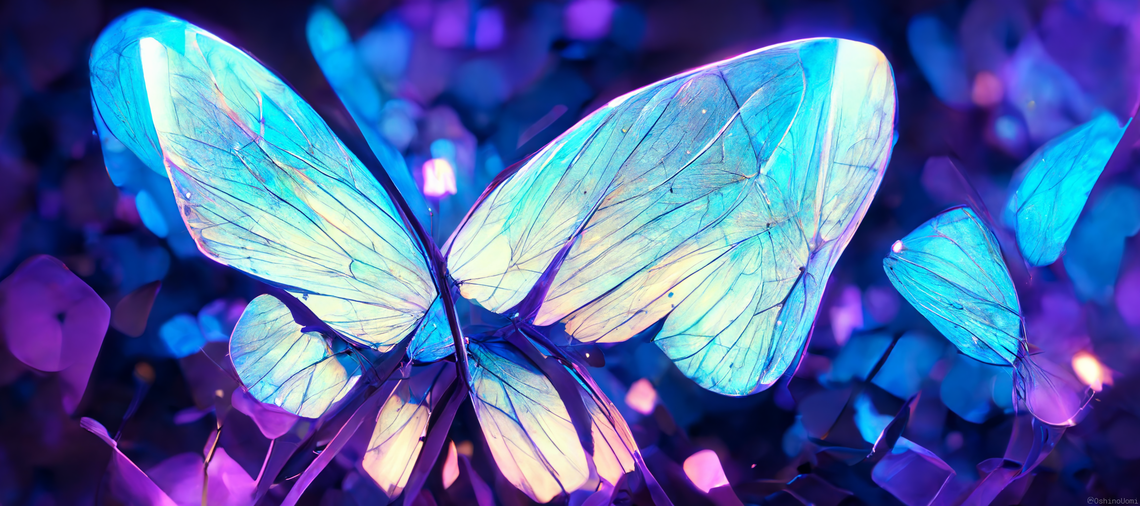 Glowing blue and purple butterflies in a fantasy landscape HD Wallpaper