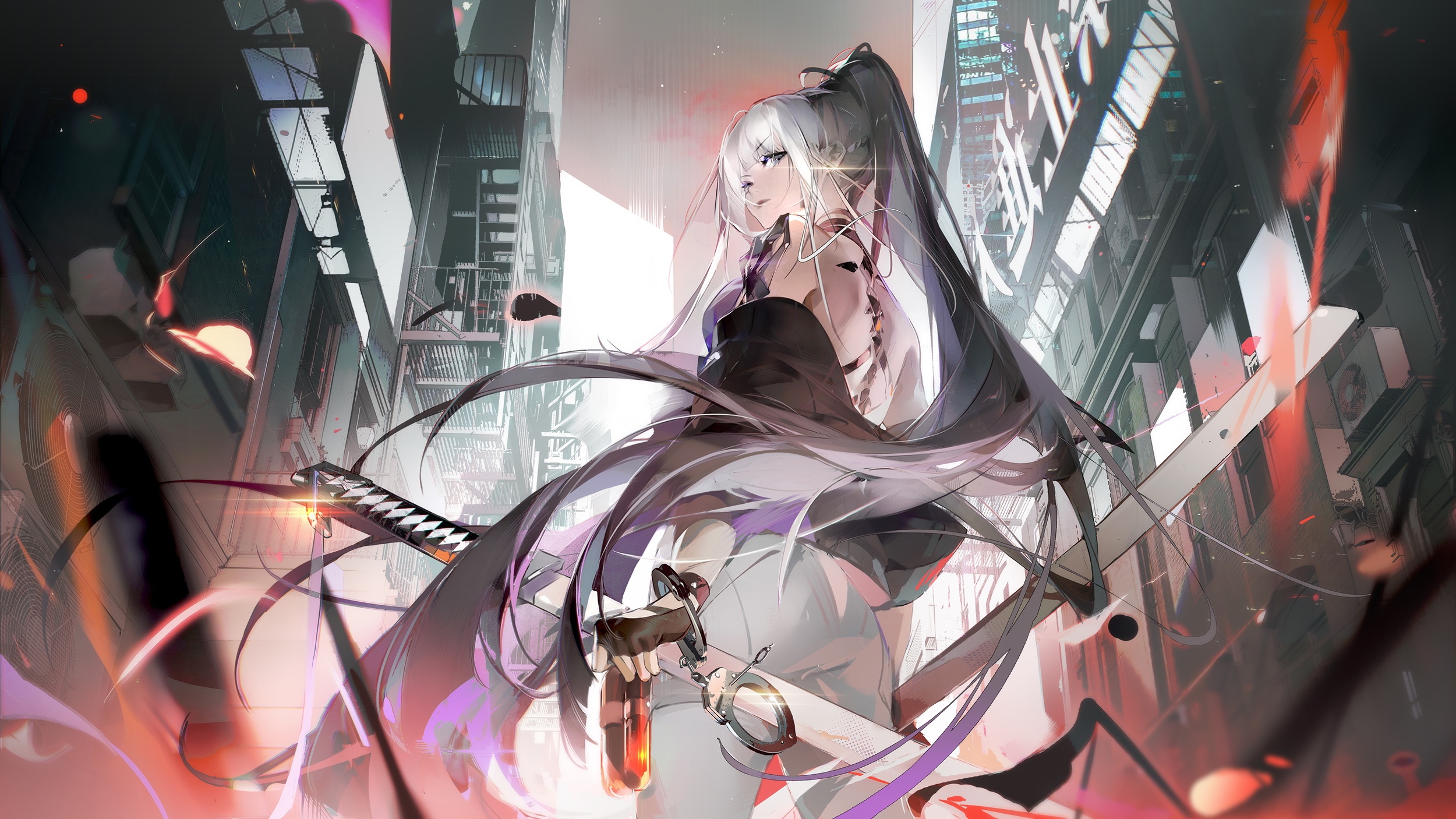 Anime girl with white hair and ponytail holding a sword HD Wallpaper