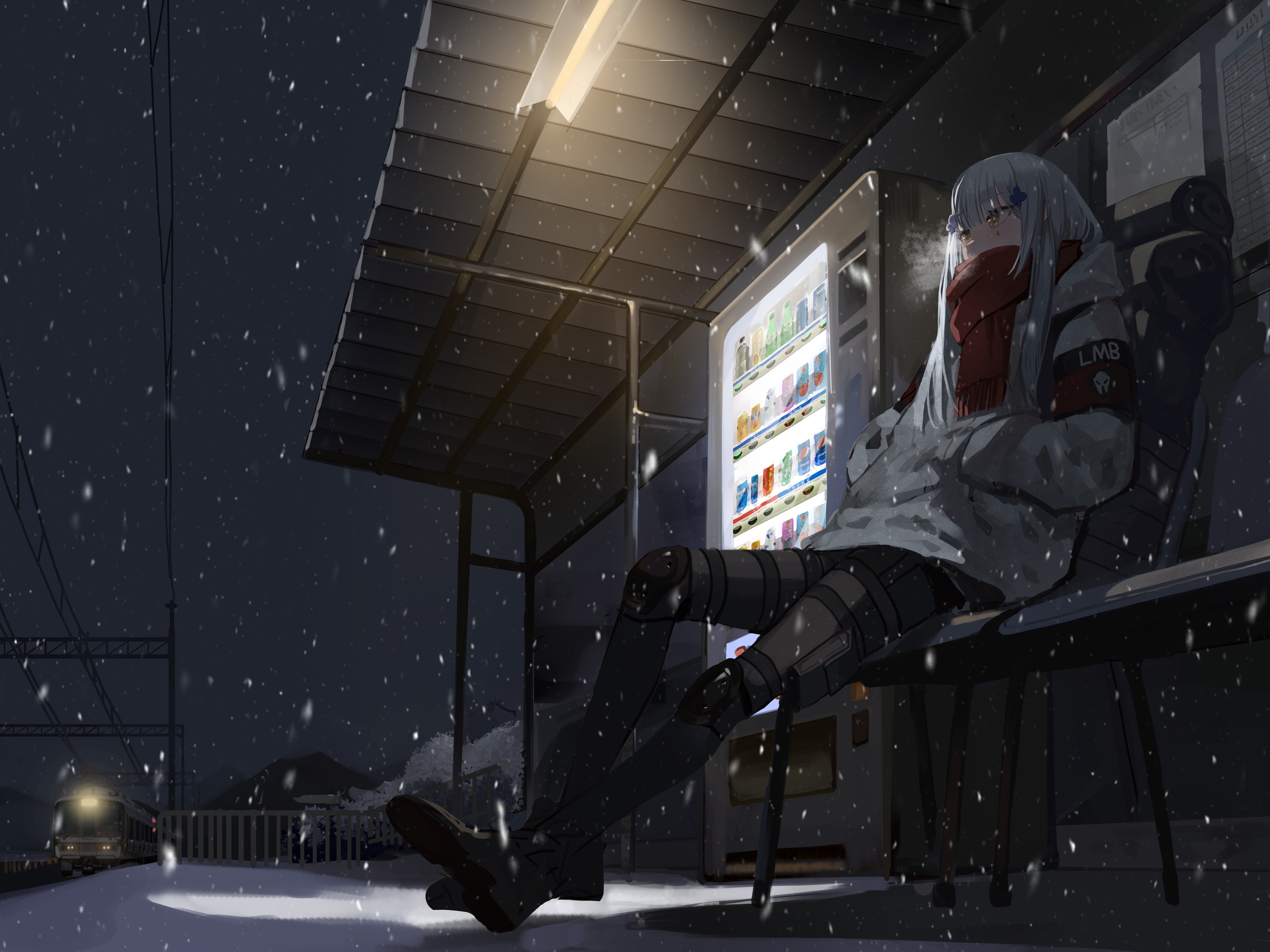 HK416 waiting at a snowy train station at night HD Wallpaper