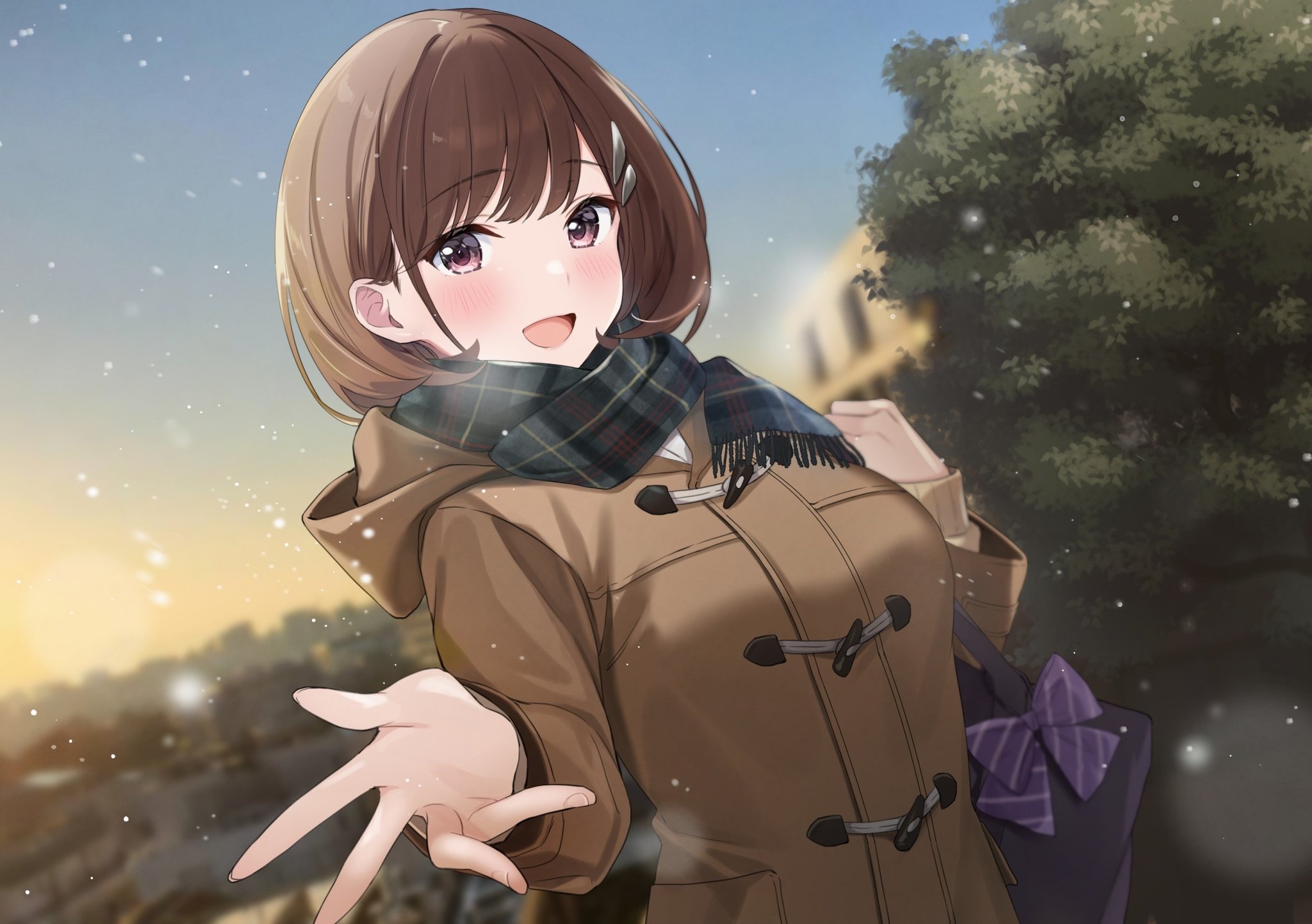 Anime girl in winter coat and scarf with snow HD Wallpaper
