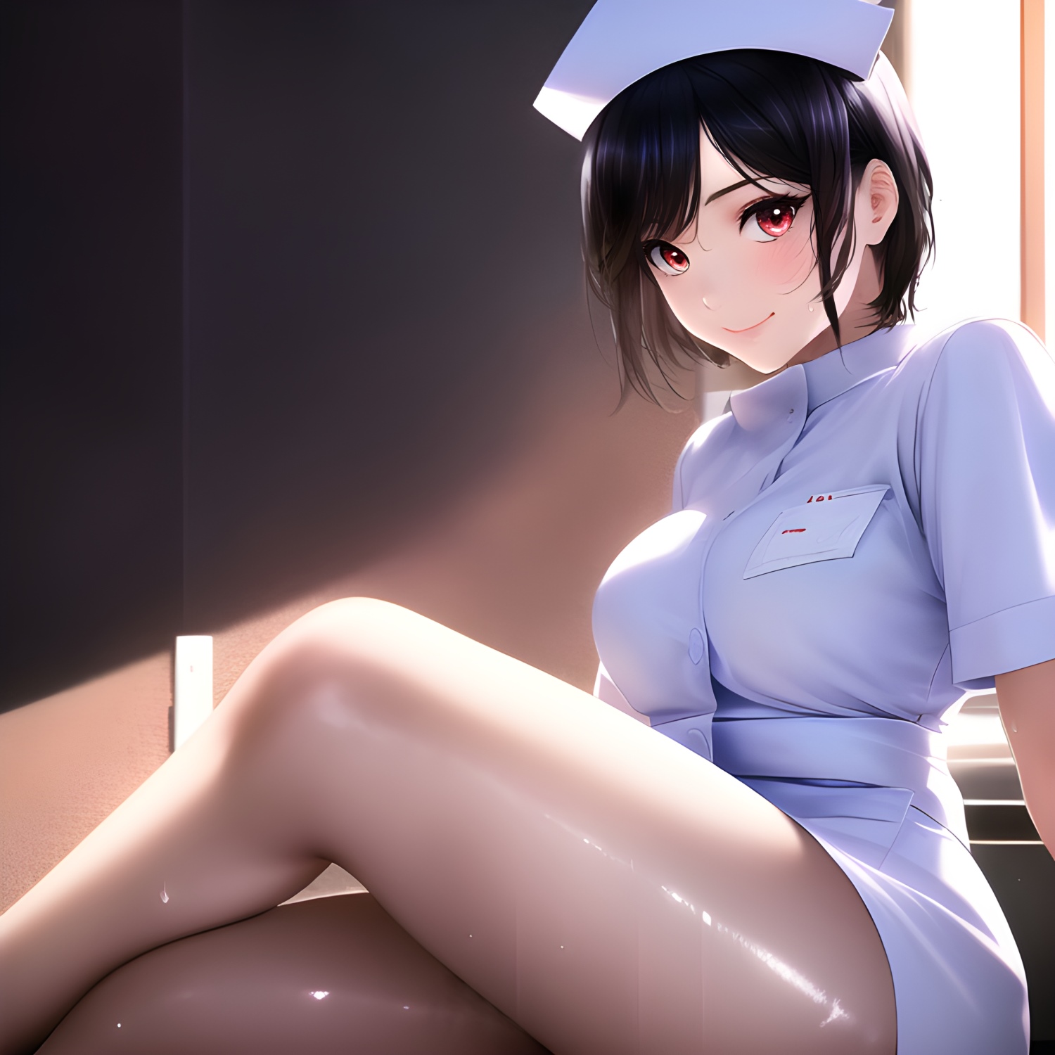 Anime nurse with short black hair and red eyes HD Wallpaper